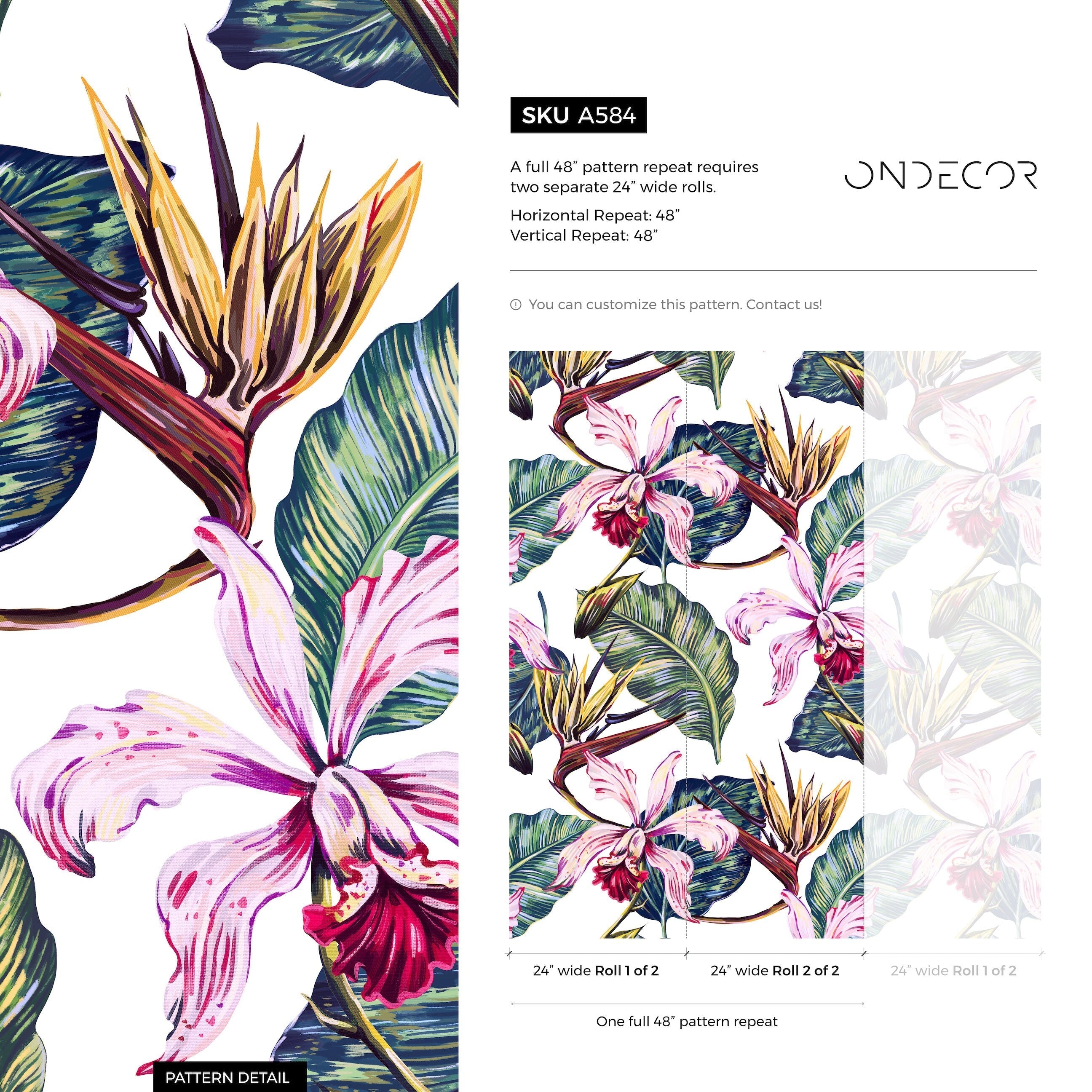 Botanical Wallpaper With Painted Orchids And Banana Leaves In Pink And Green - A584