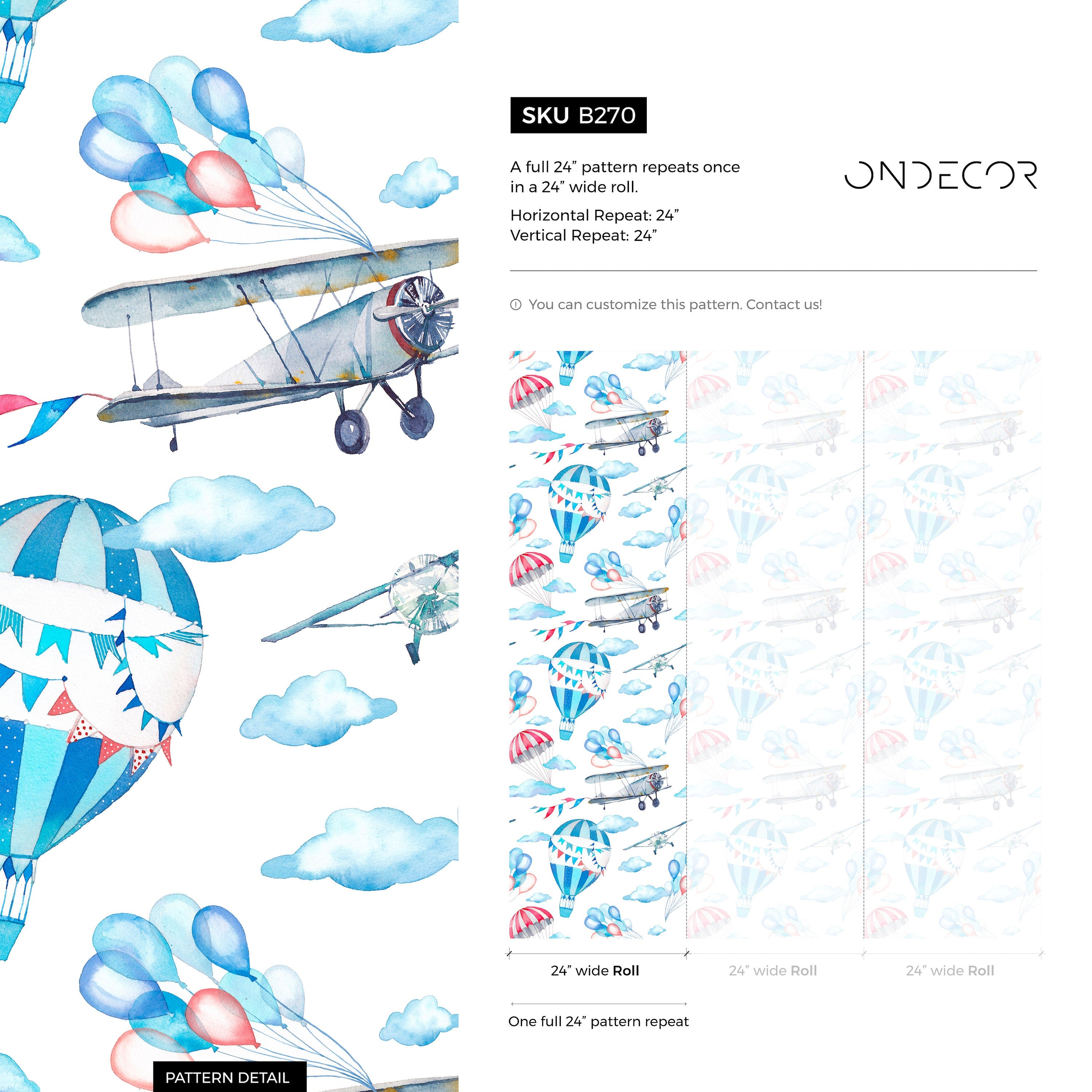 Kids Wallpaper With Airplanes And Hot Air Balloons In Blue And Red - B270