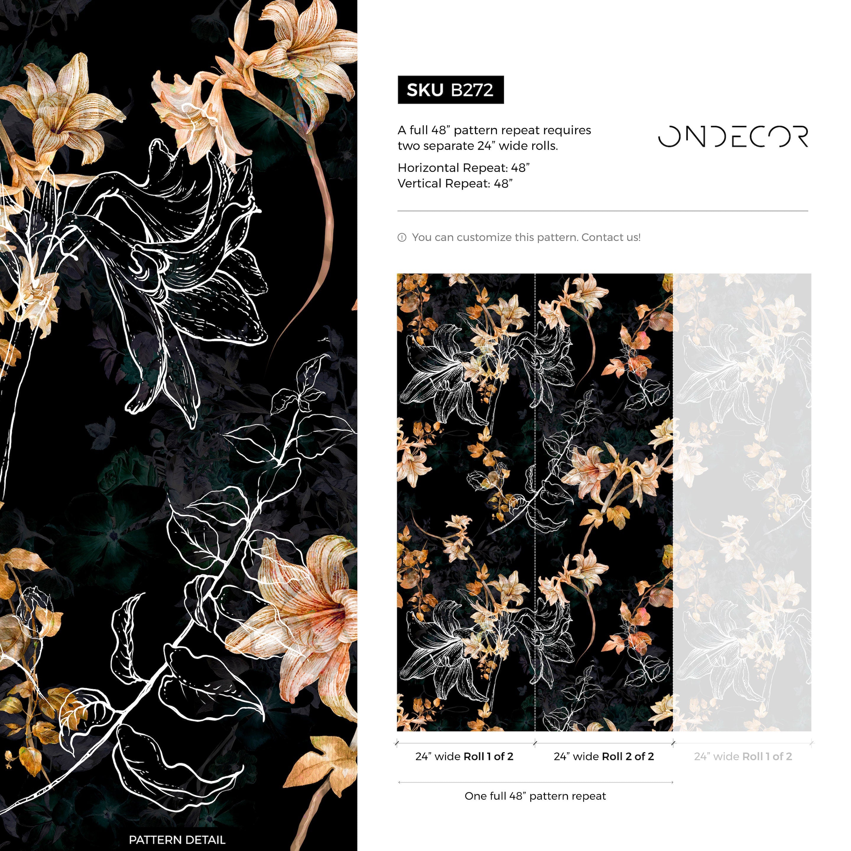 Floral Wallpaper With Sketched And Painted Lilies In Black, Gold, And White - B272