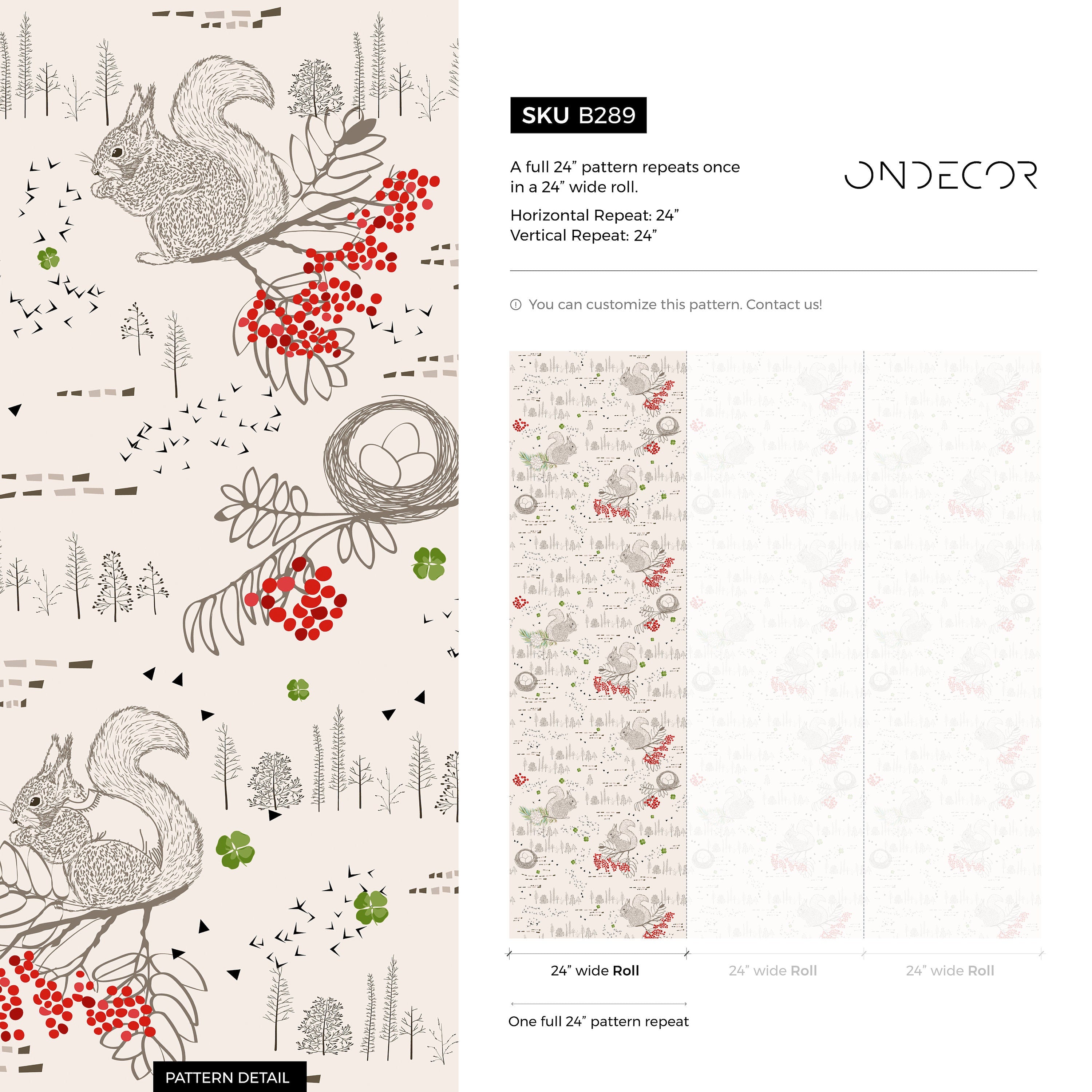 Woodland Wallpaper With Squirrels And Red Berries In Red, Grey, And Green - B289