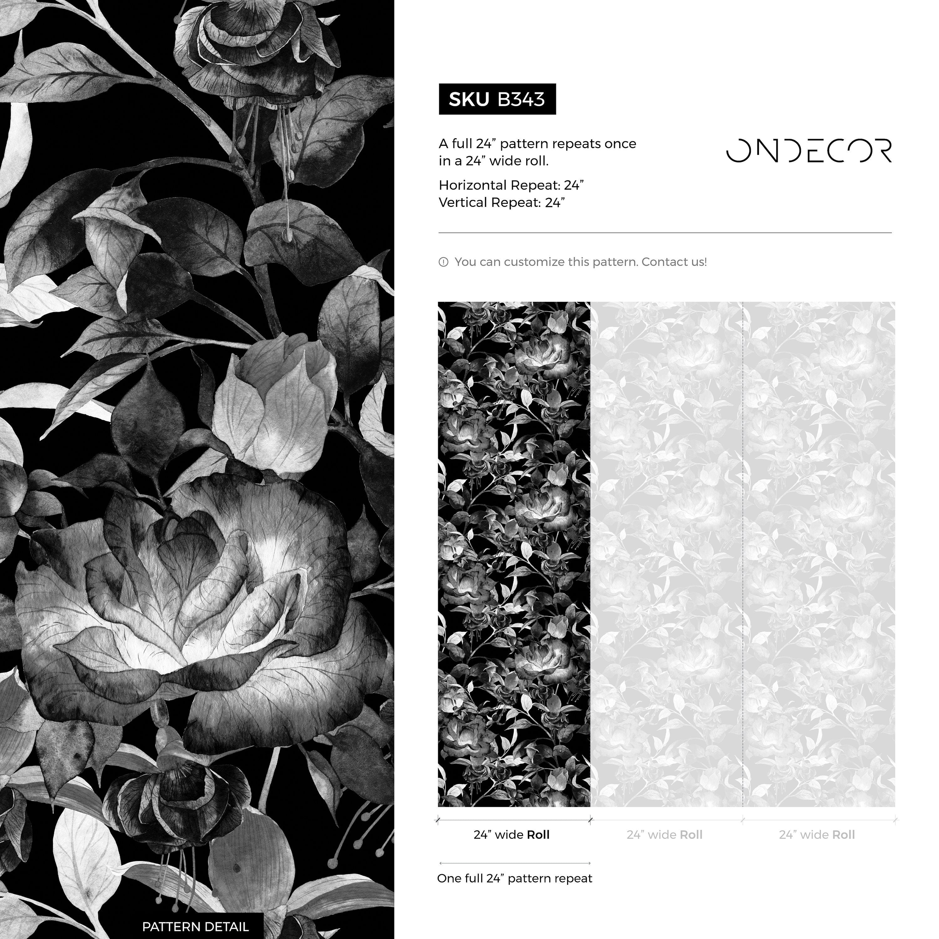 Floral Wallpaper With Grayscale Watercolor Blooms In Black And Gray - B343