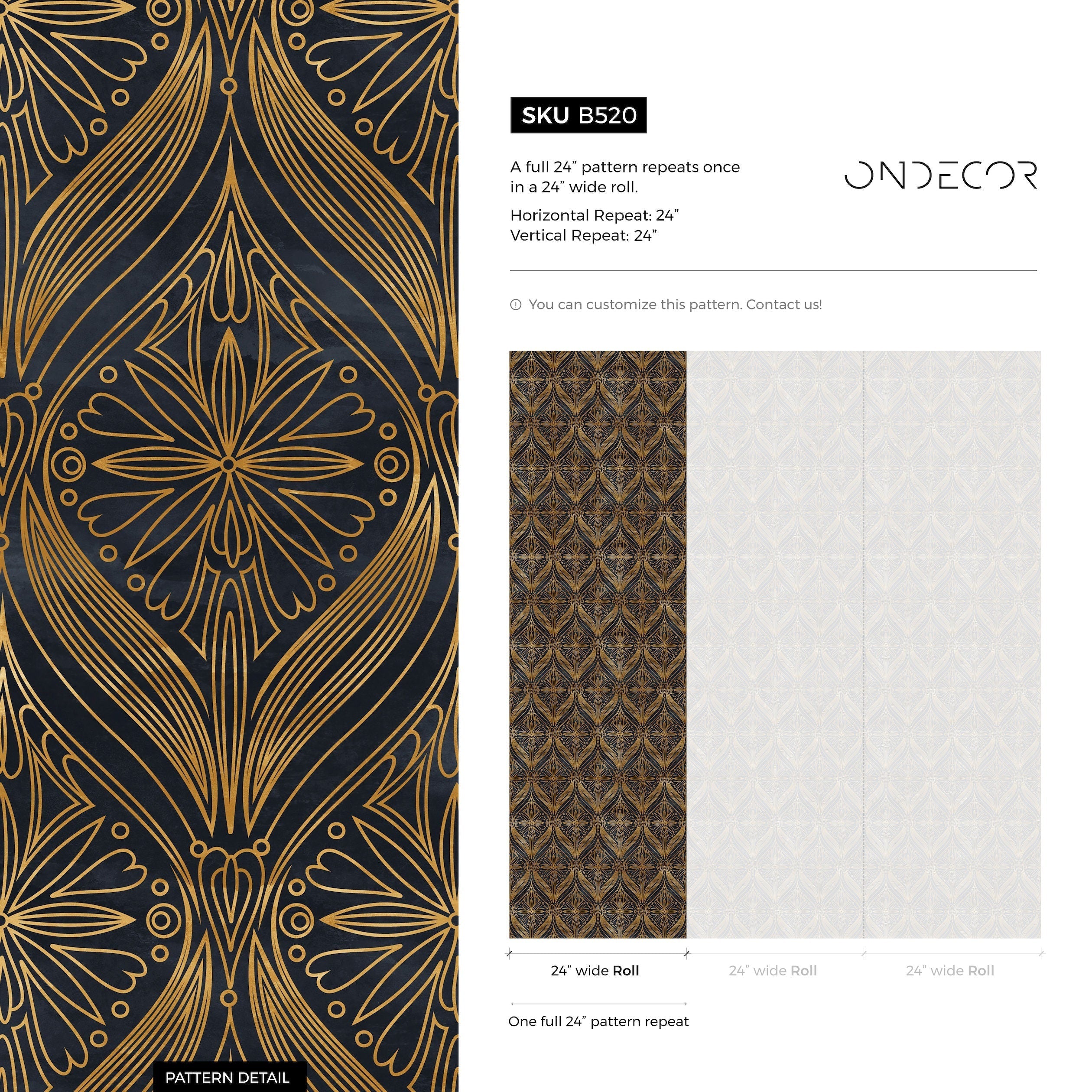 Art Deco Wallpaper With An Intricate Fan Motif In Black And Yellow Gold - B520