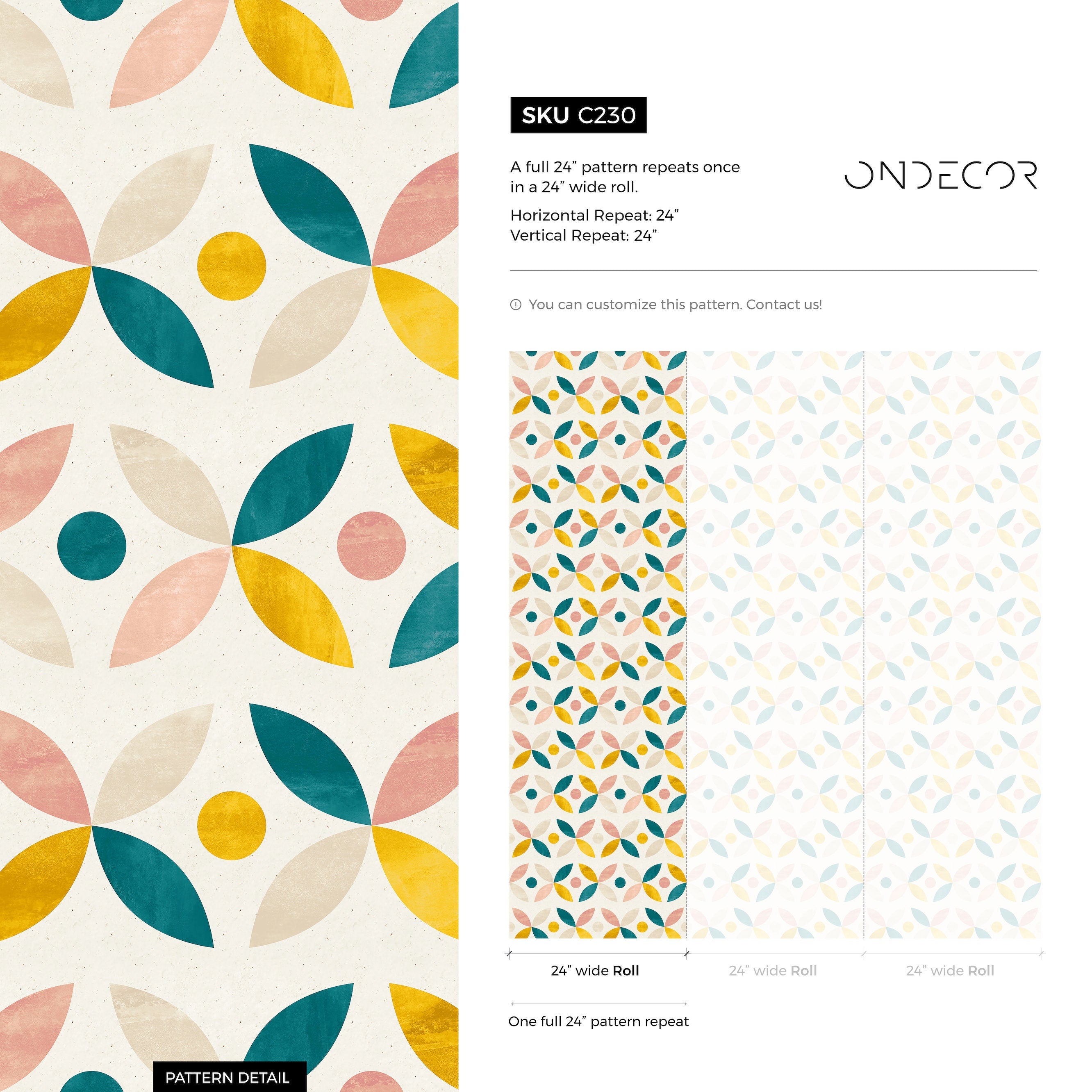 Geometric Wallpaper With Abstract Petals In Teal, Yellow, And Pink - C230