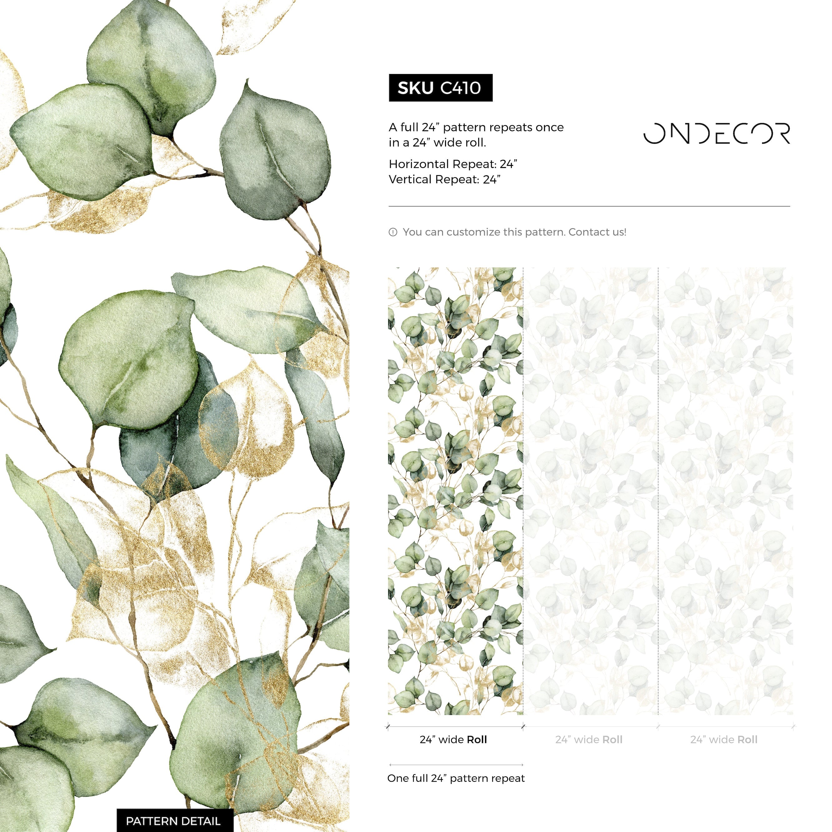 Botanical Wallpaper With Watercolor Eucalyptus Branches In Green And Gold - C410