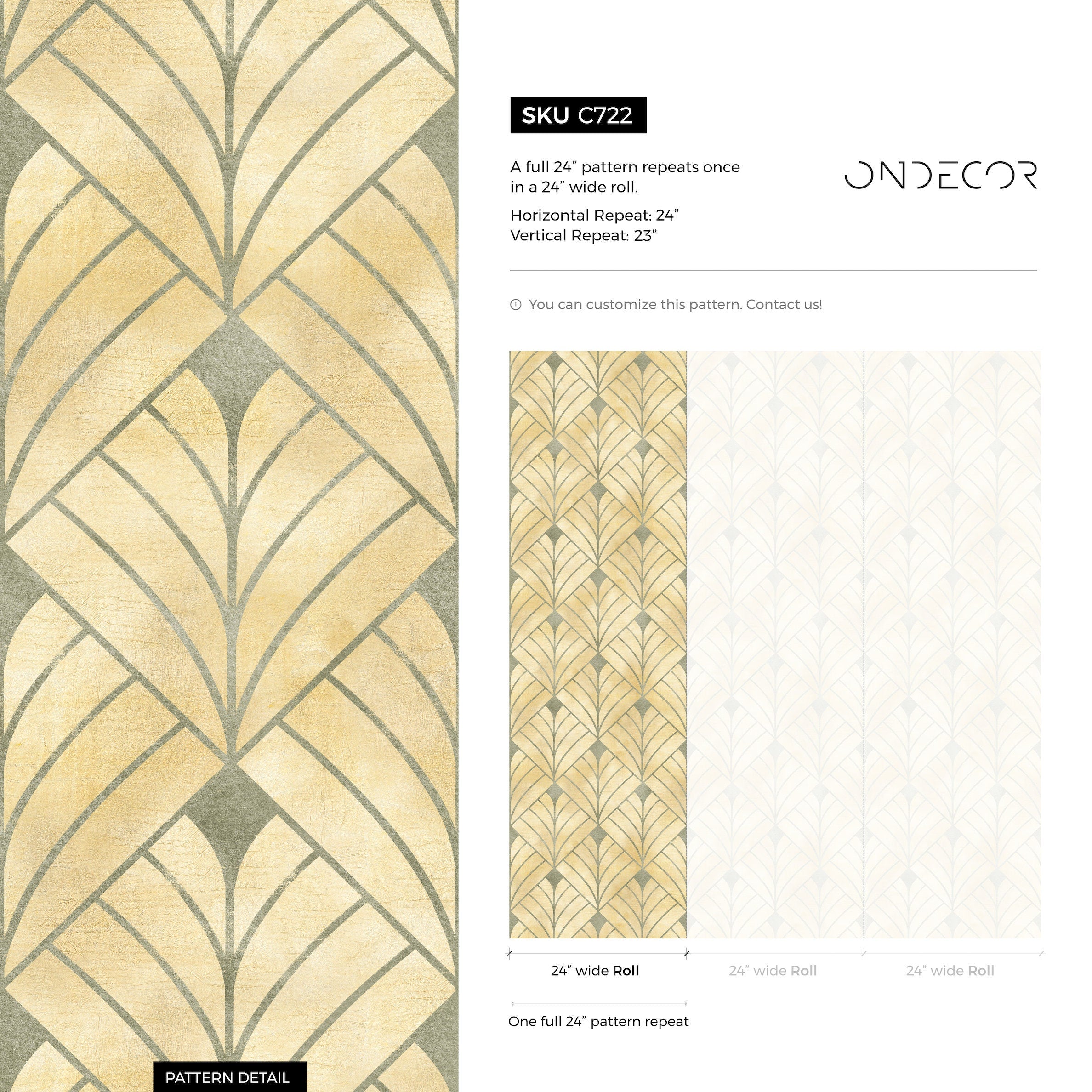 Art Deco Wallpaper With A Geometric Fan Motif In Gold And Sage Green - C722