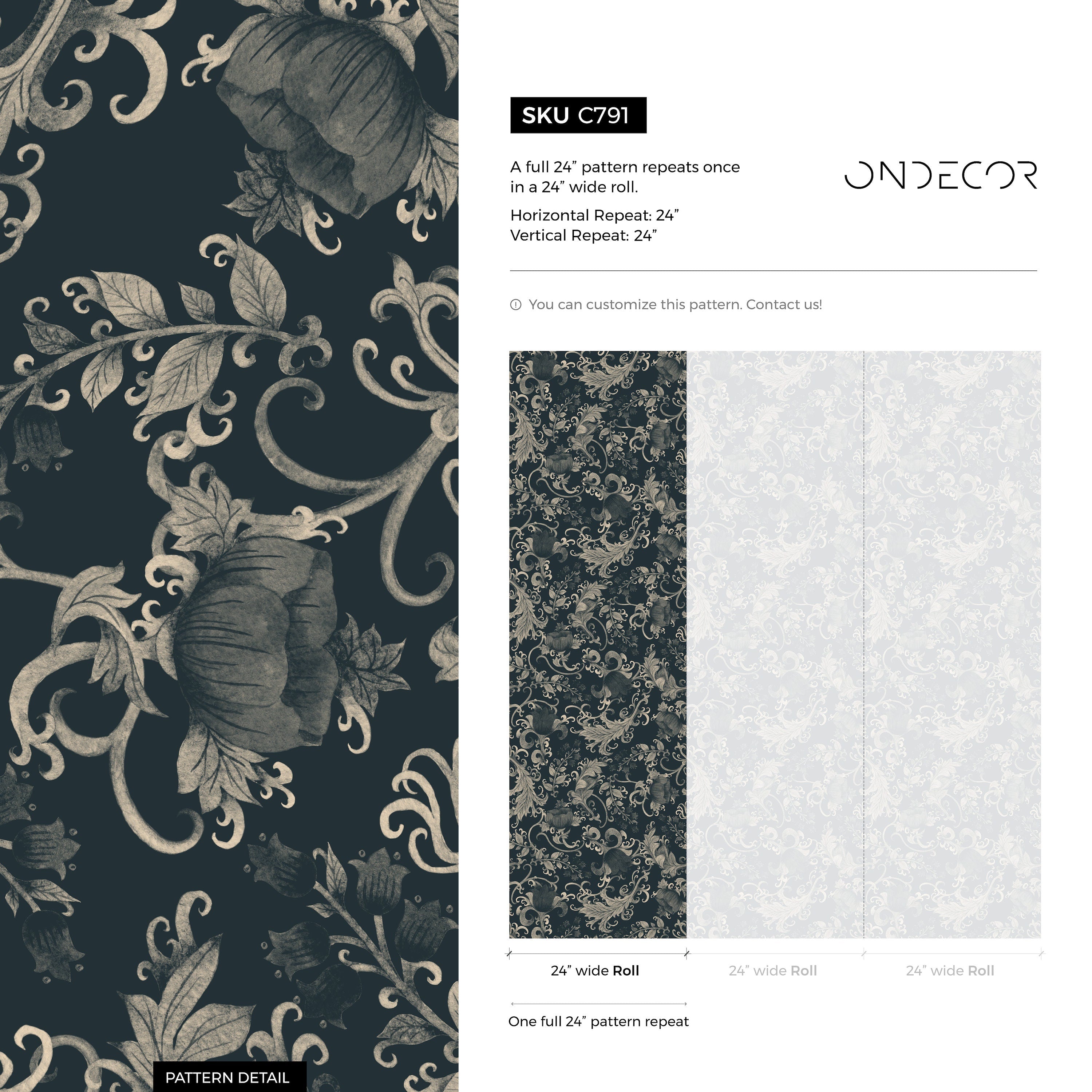 Art Nouveau Wallpaper With Floral Scrolls In Dark Blue And Beige - C791