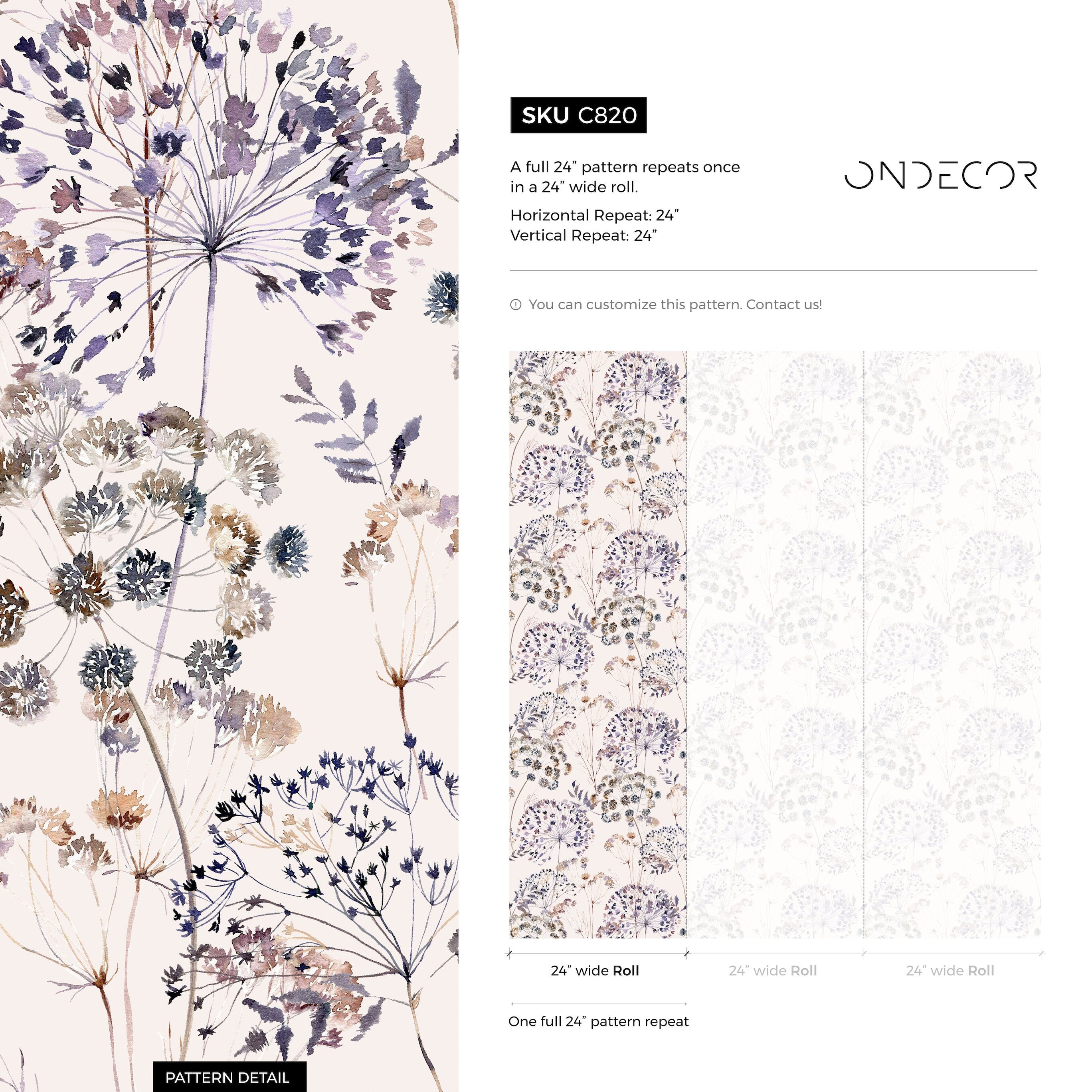 Floral Wallpaper Featuring Dandelion And Wildflower Motifs In Purple And Brown - C820