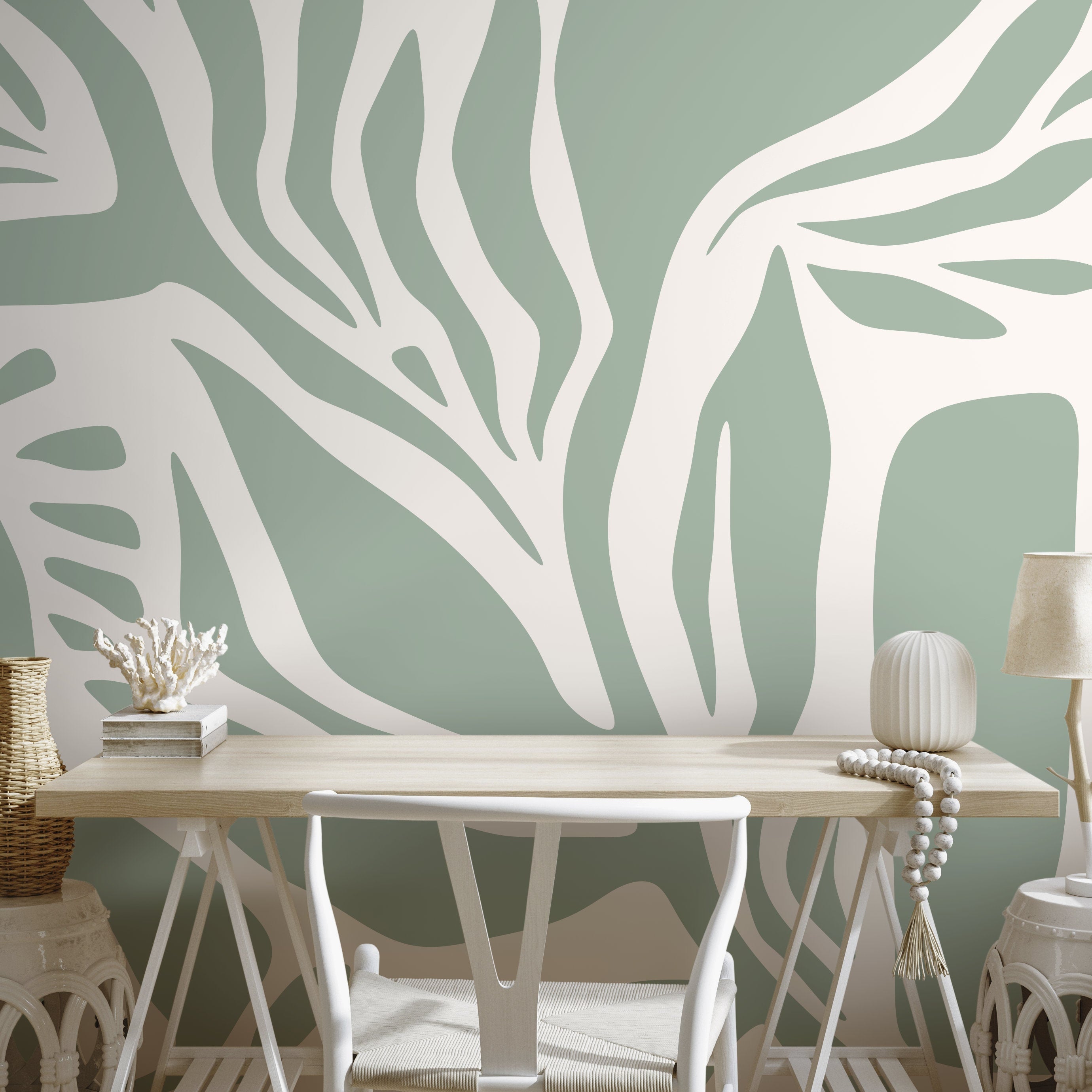 Abstract Wallpaper With Bold Organic Shapes In Light Green And White - D627