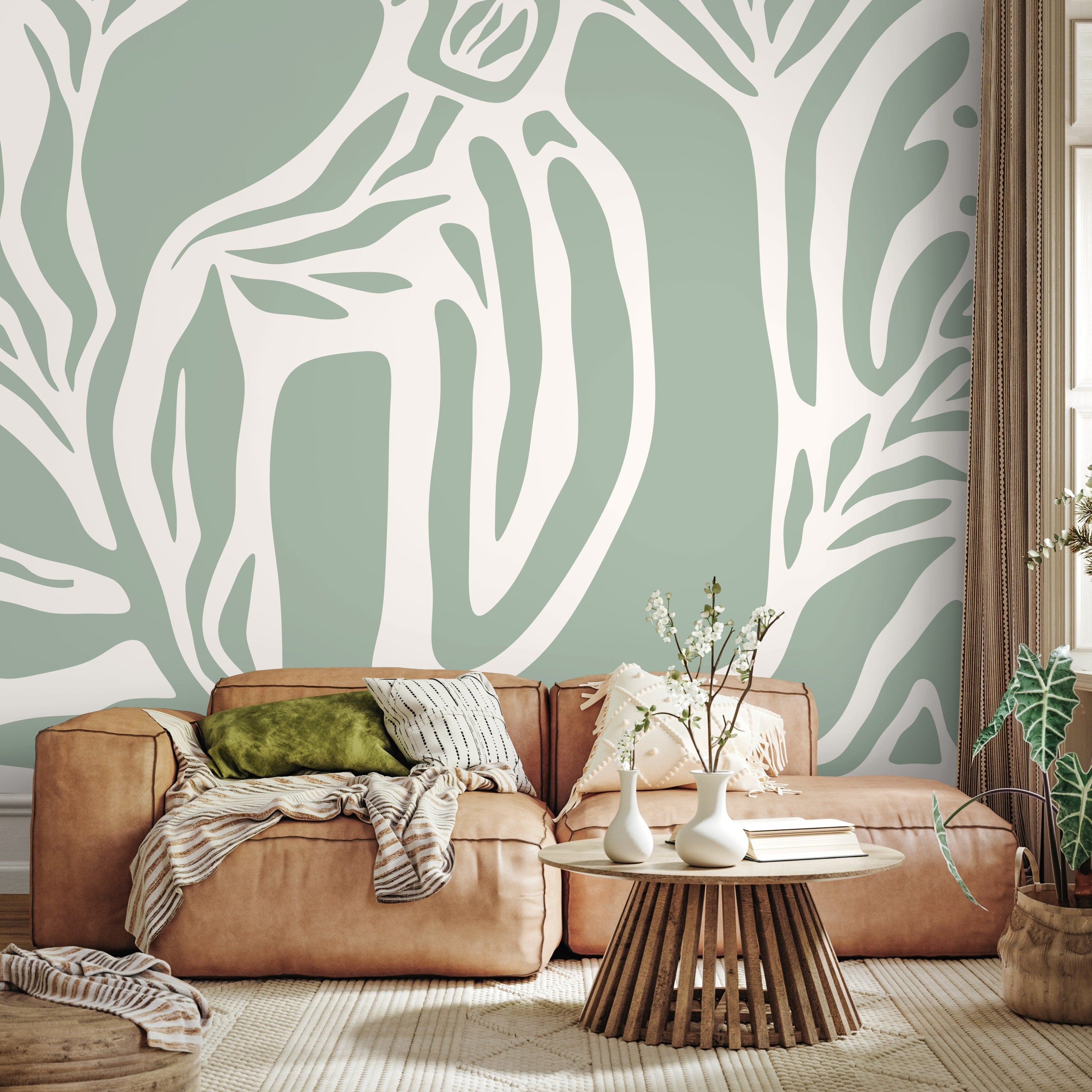 Abstract Wallpaper With Bold Organic Shapes In Light Green And White - D627