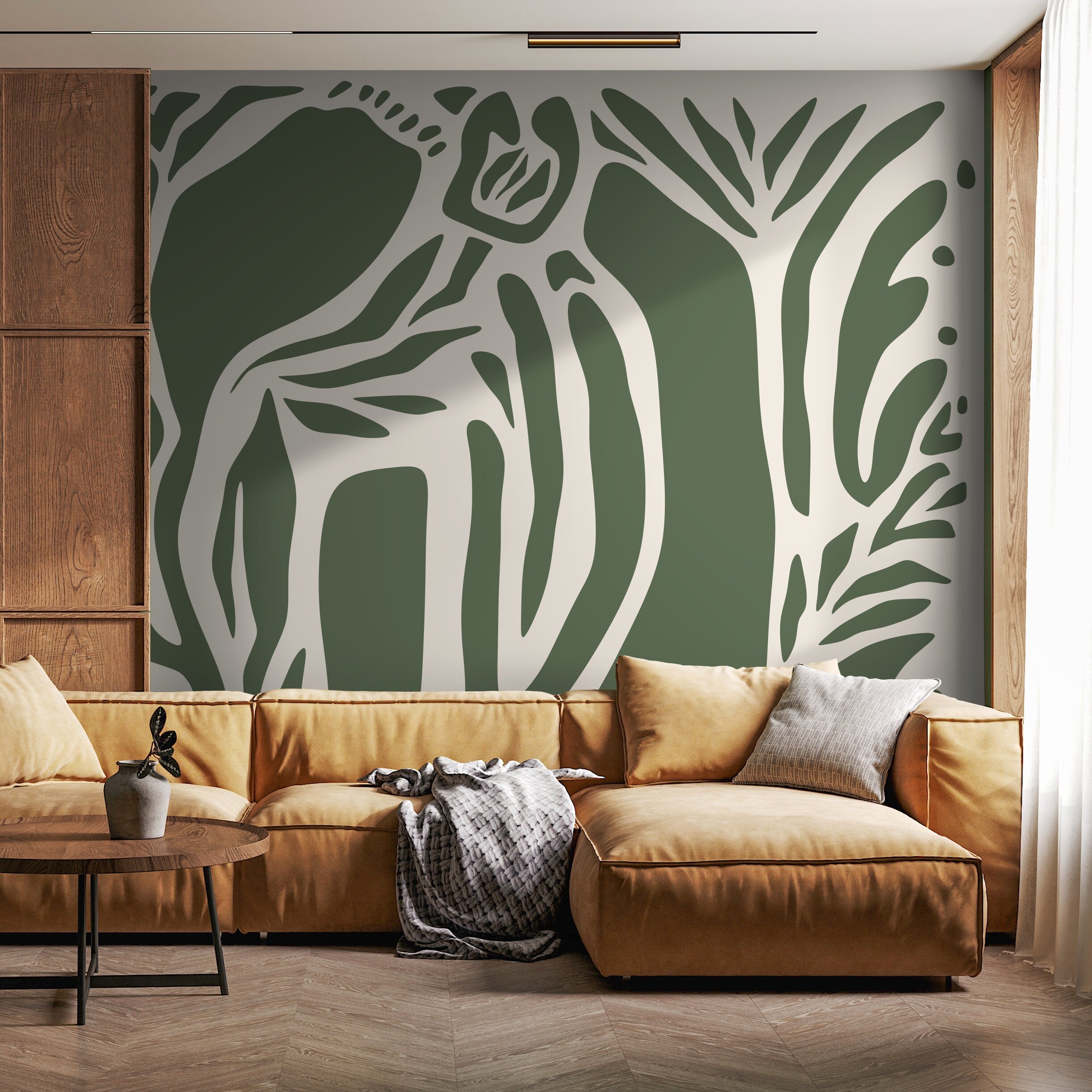 Abstract Wallpaper With Bold Organic Shapes In Olive Green And Beige - D628