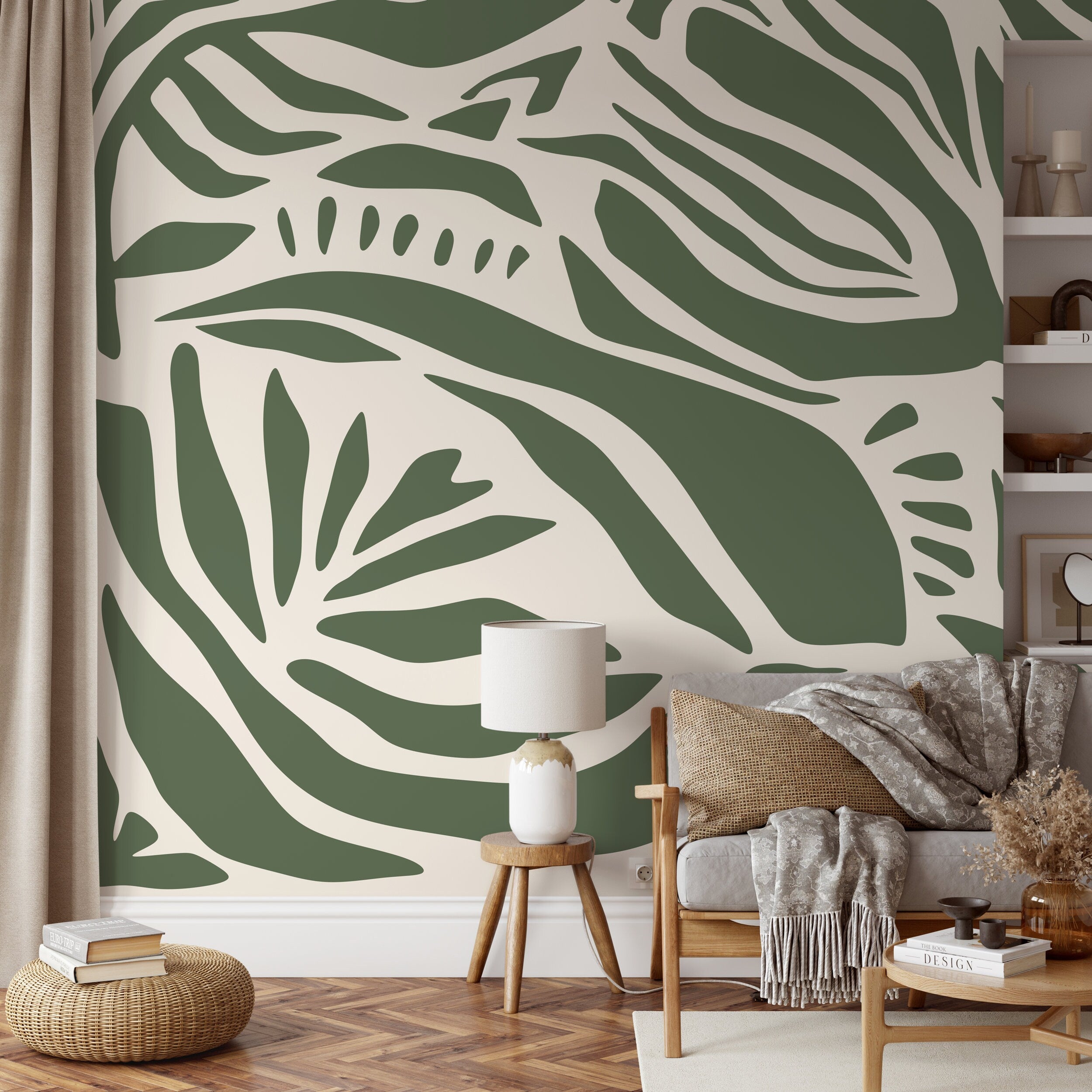 Abstract Wallpaper With Bold Organic Shapes In Olive Green And Beige - D628