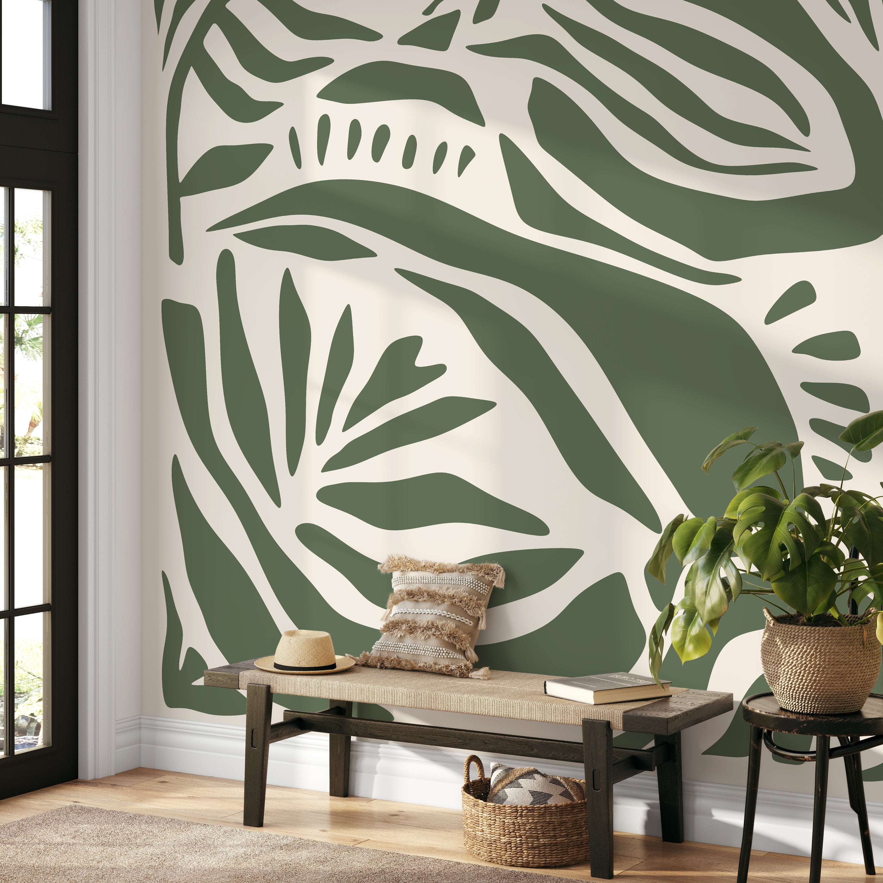 Abstract Wallpaper With Bold Organic Shapes In Olive Green And Beige - D628