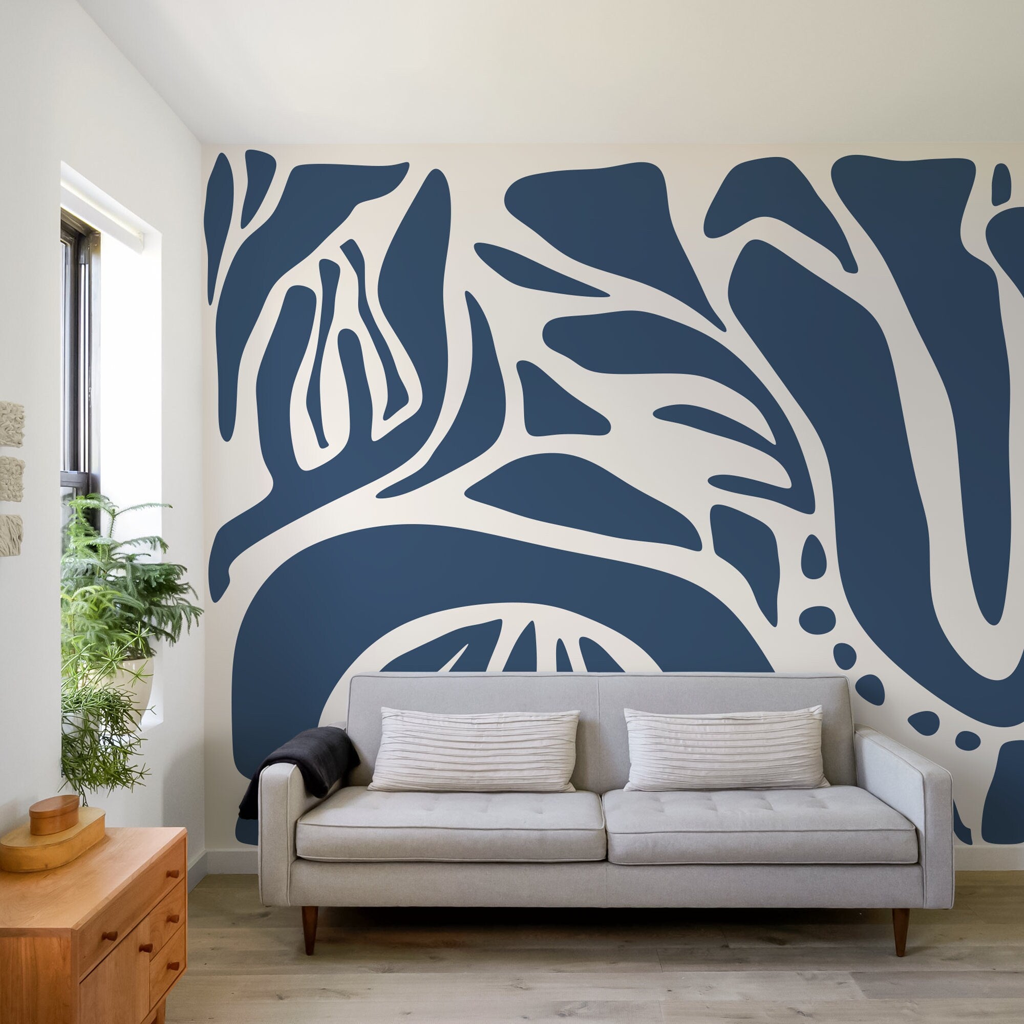 Abstract Wallpaper With Bold Organic Shapes In Dark Blue And Beige - D633