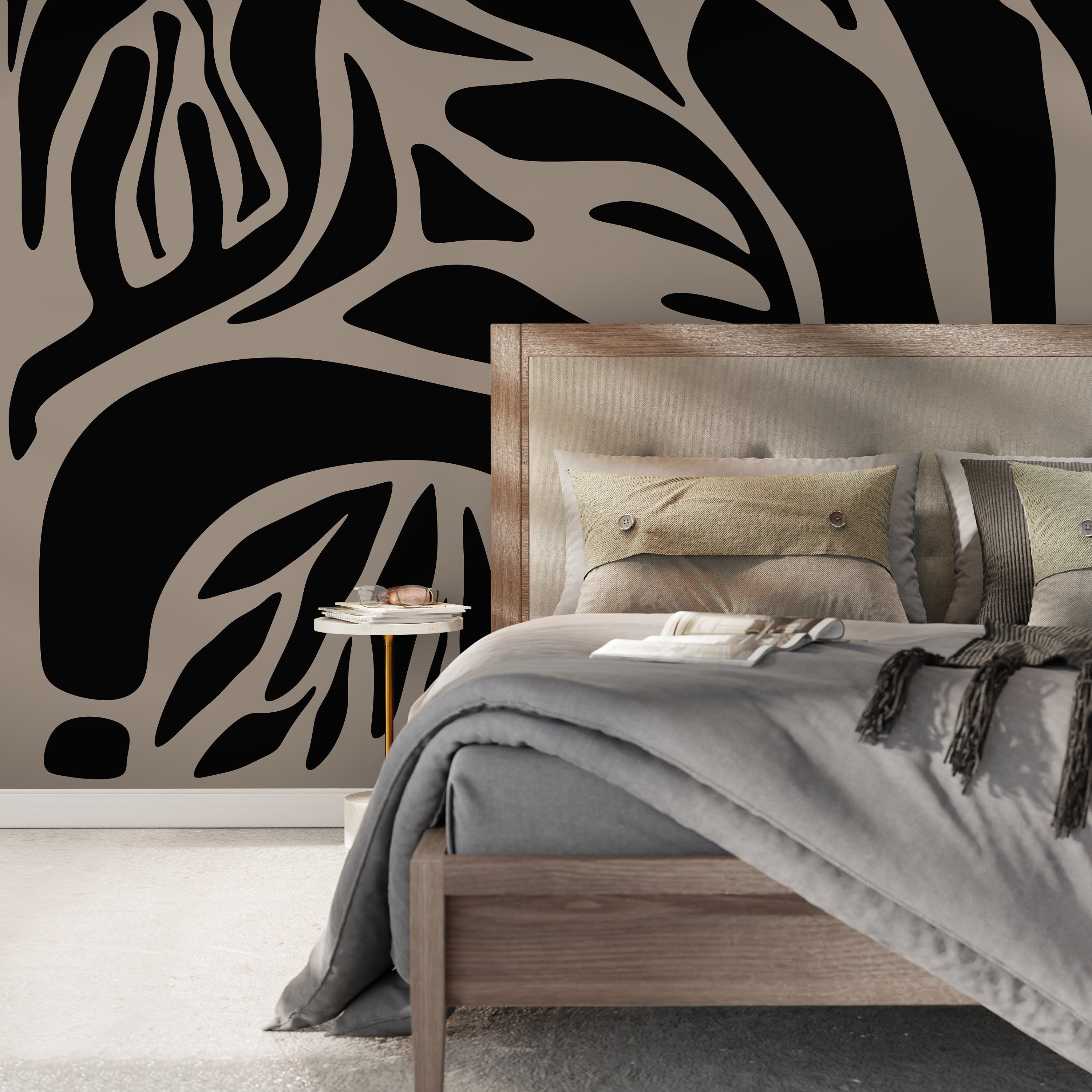 Abstract Wallpaper With Bold Botanical Forms In Black And Taupe - D634