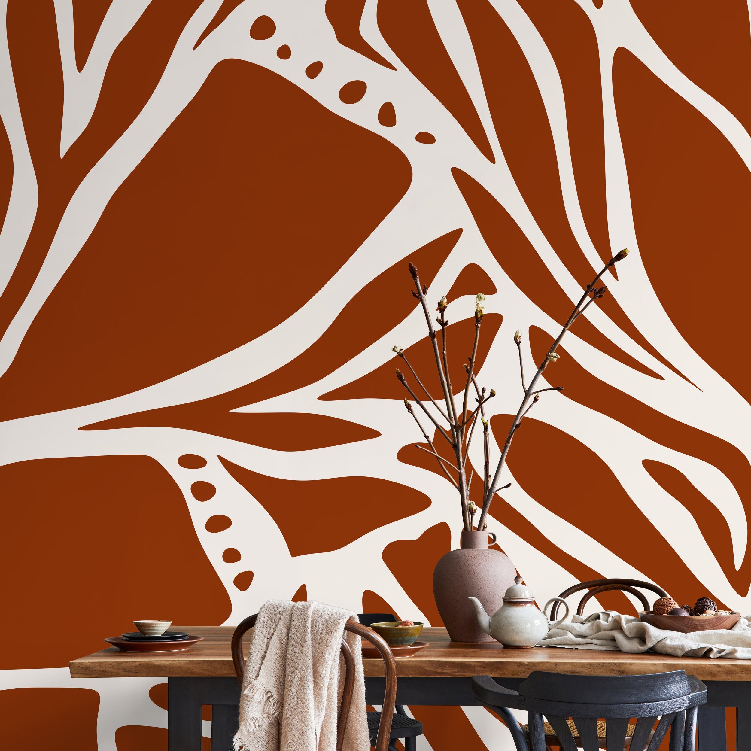 Abstract Wallpaper With Organic Branch Motifs In Terracotta And White - D637