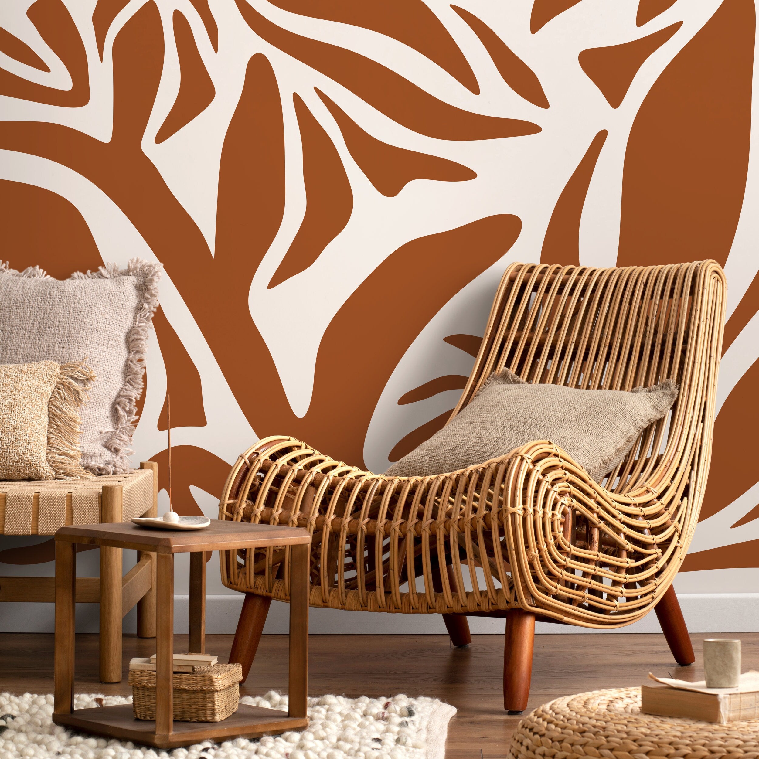 Abstract Wallpaper With Bold Organic Lines In Orange And Beige - D638