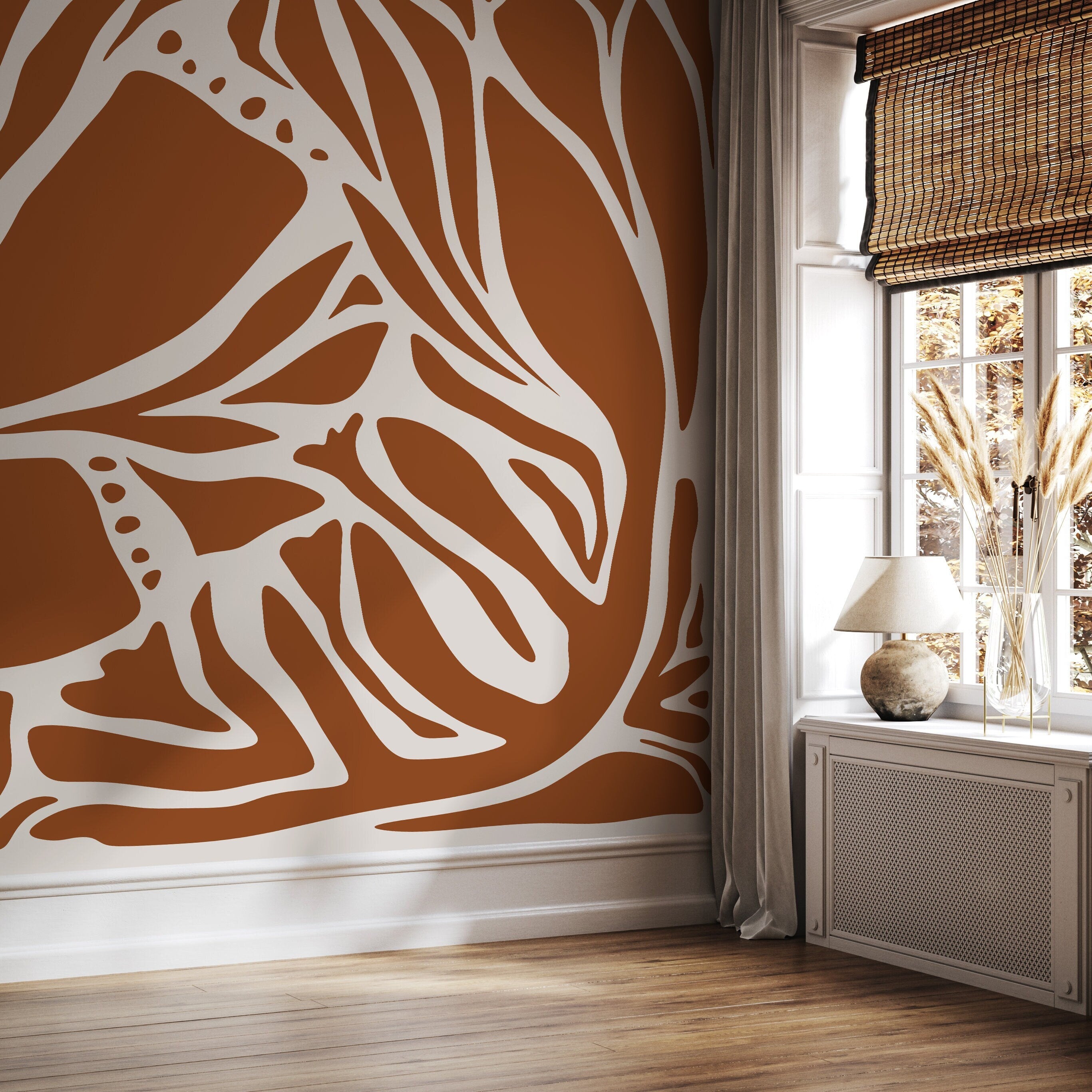 Abstract Wallpaper With Bold Organic Lines In Orange And Beige - D638