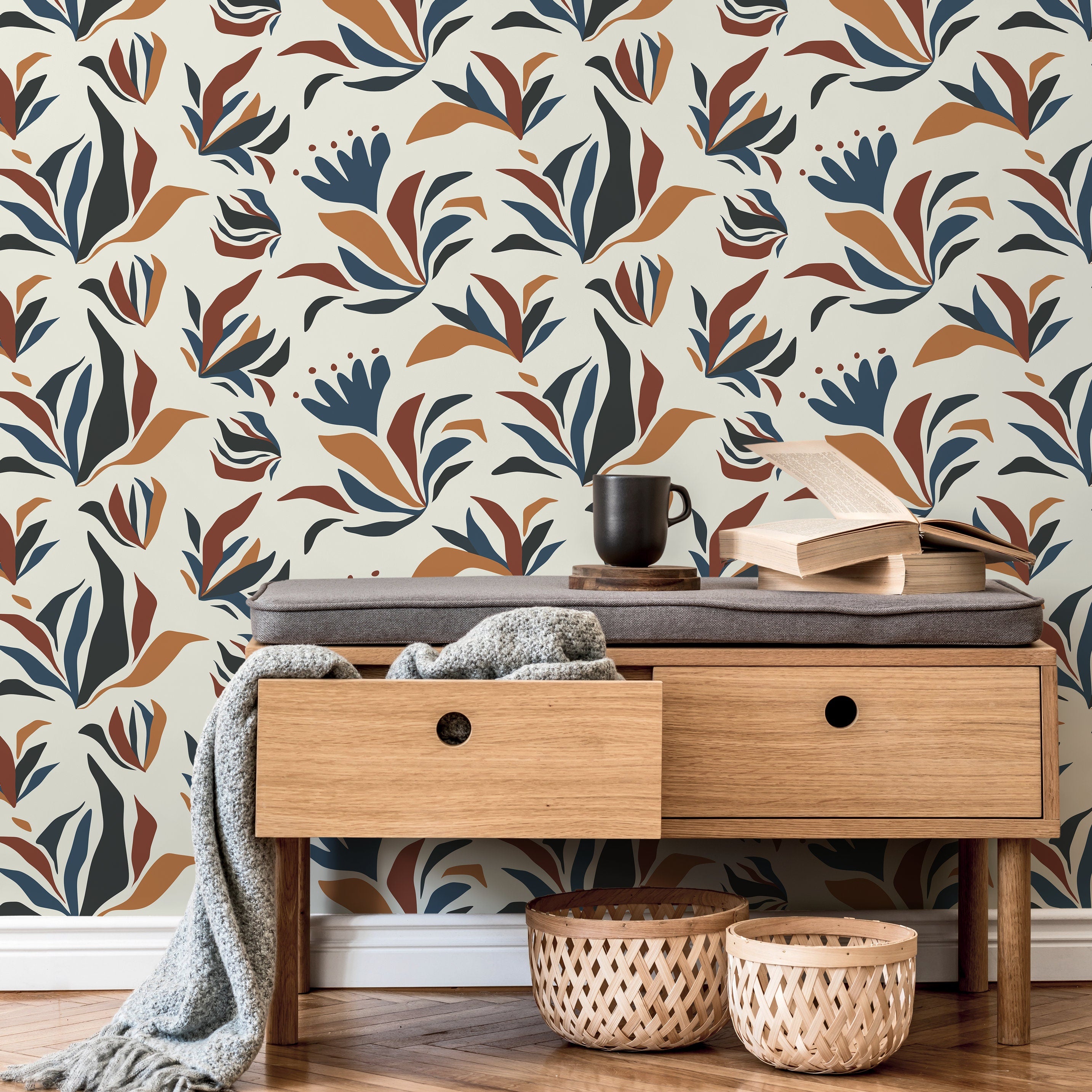 Abstract Floral Wallpaper With Botanical Shapes In Blue, Rust, And Black - D726