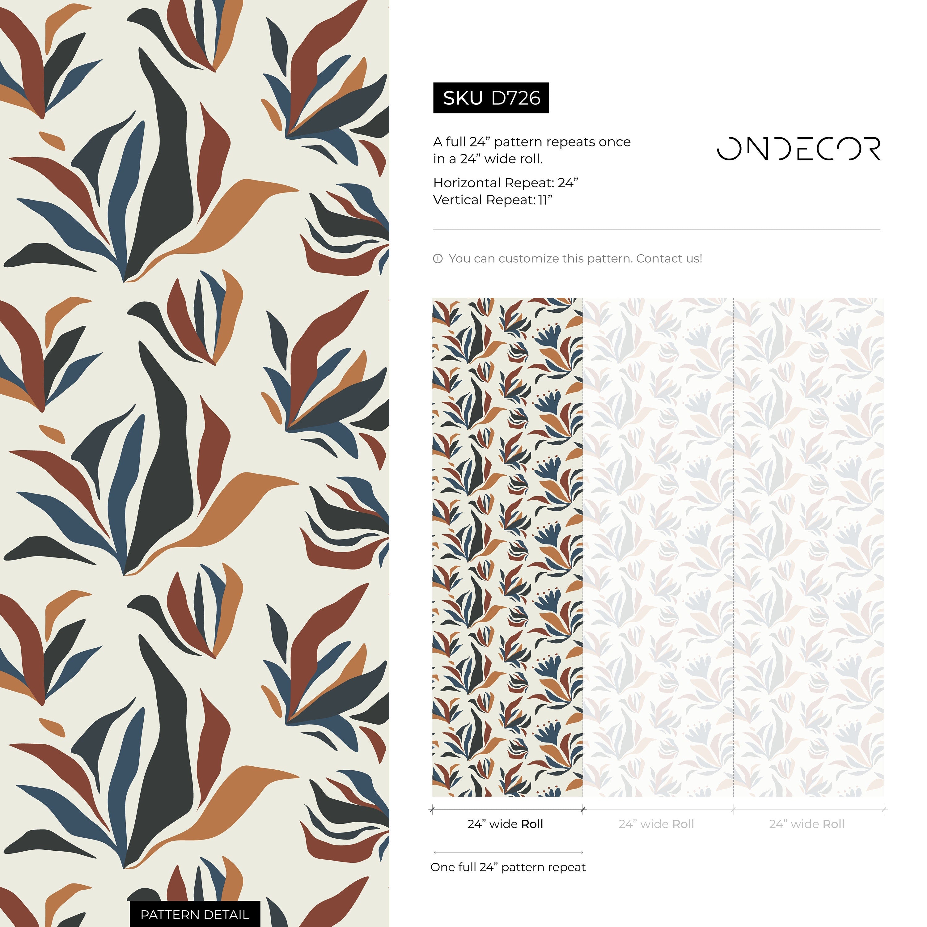 Abstract Floral Wallpaper With Botanical Shapes In Blue, Rust, And Black - D726