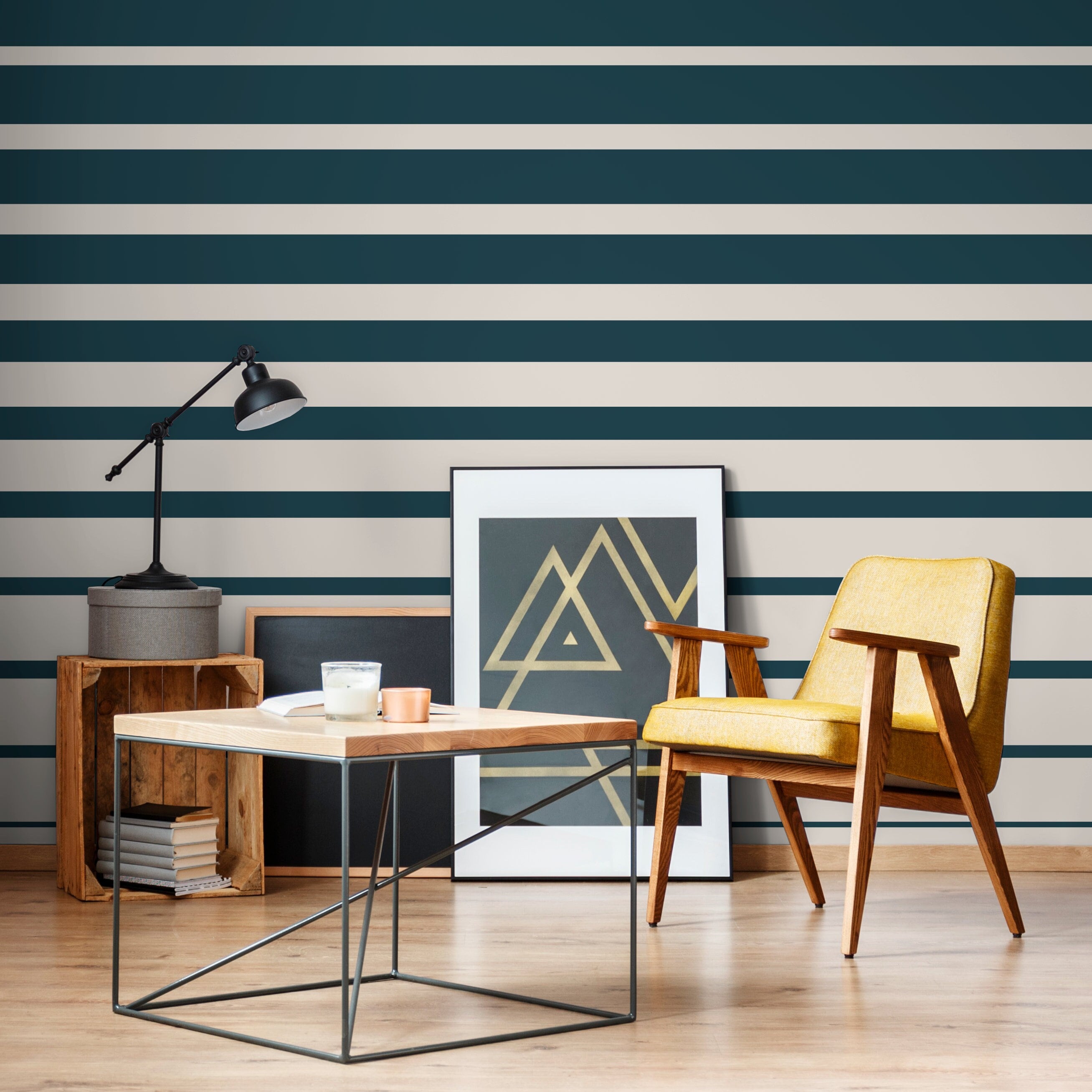 Striped Wallpaper With A Bold Horizontal Pattern In Dark Teal And Cream - D729