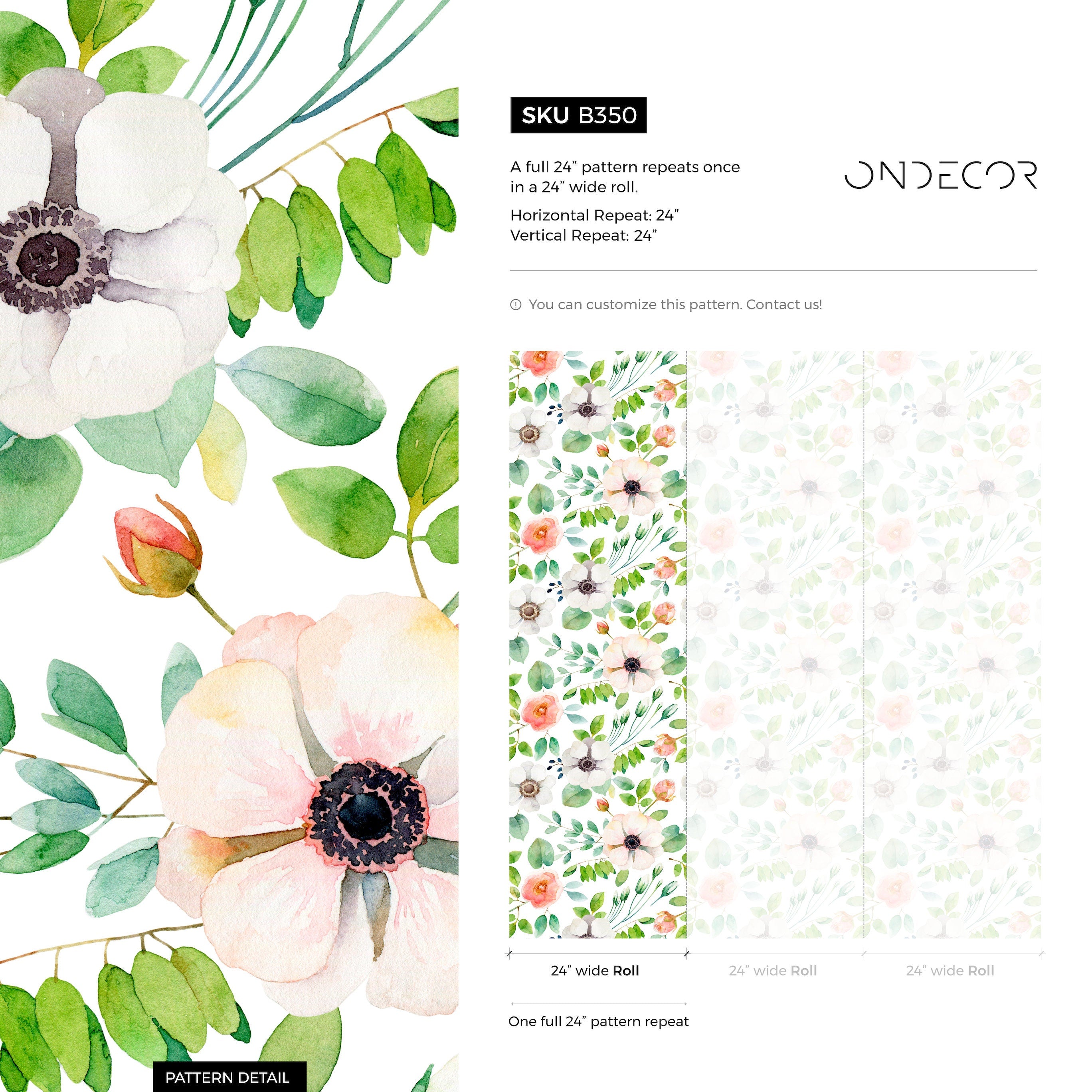Floral Wallpaper With Watercolor Anemones In Pink And Green - B350