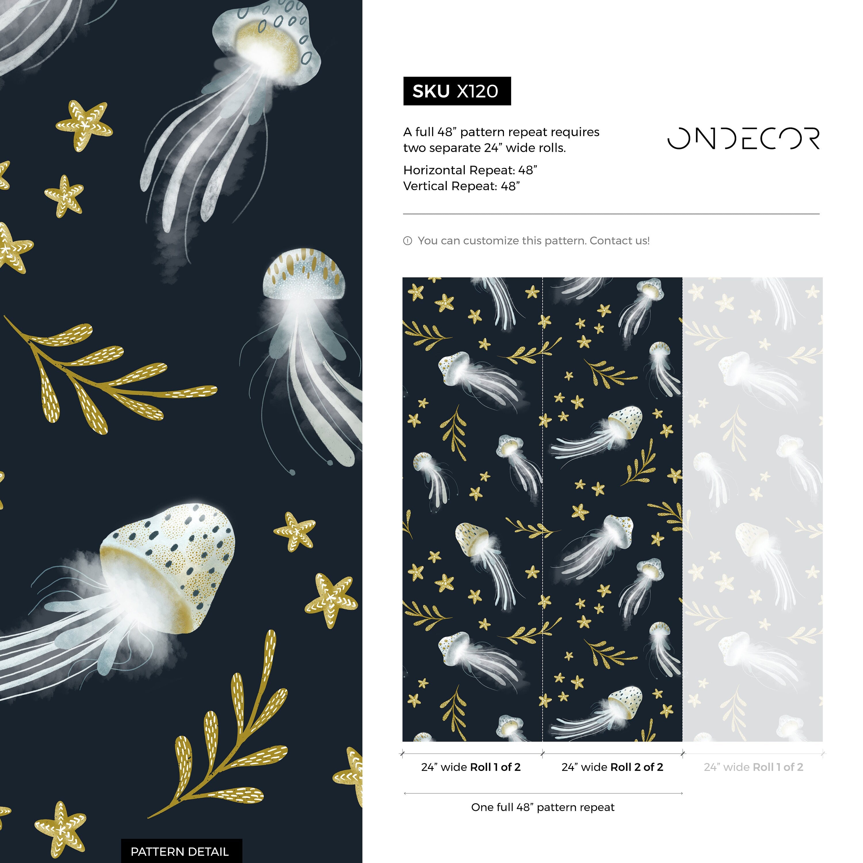 Nautical Wallpaper With Whimsical Jellyfish In Navy Blue, Gold, And White - X120