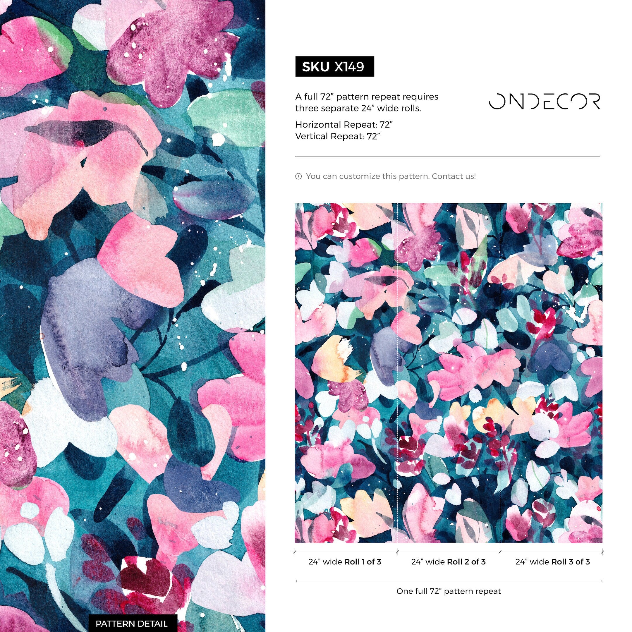 Floral Wallpaper With A Painterly Watercolor Motif In Pink, Teal, And Blue - X149