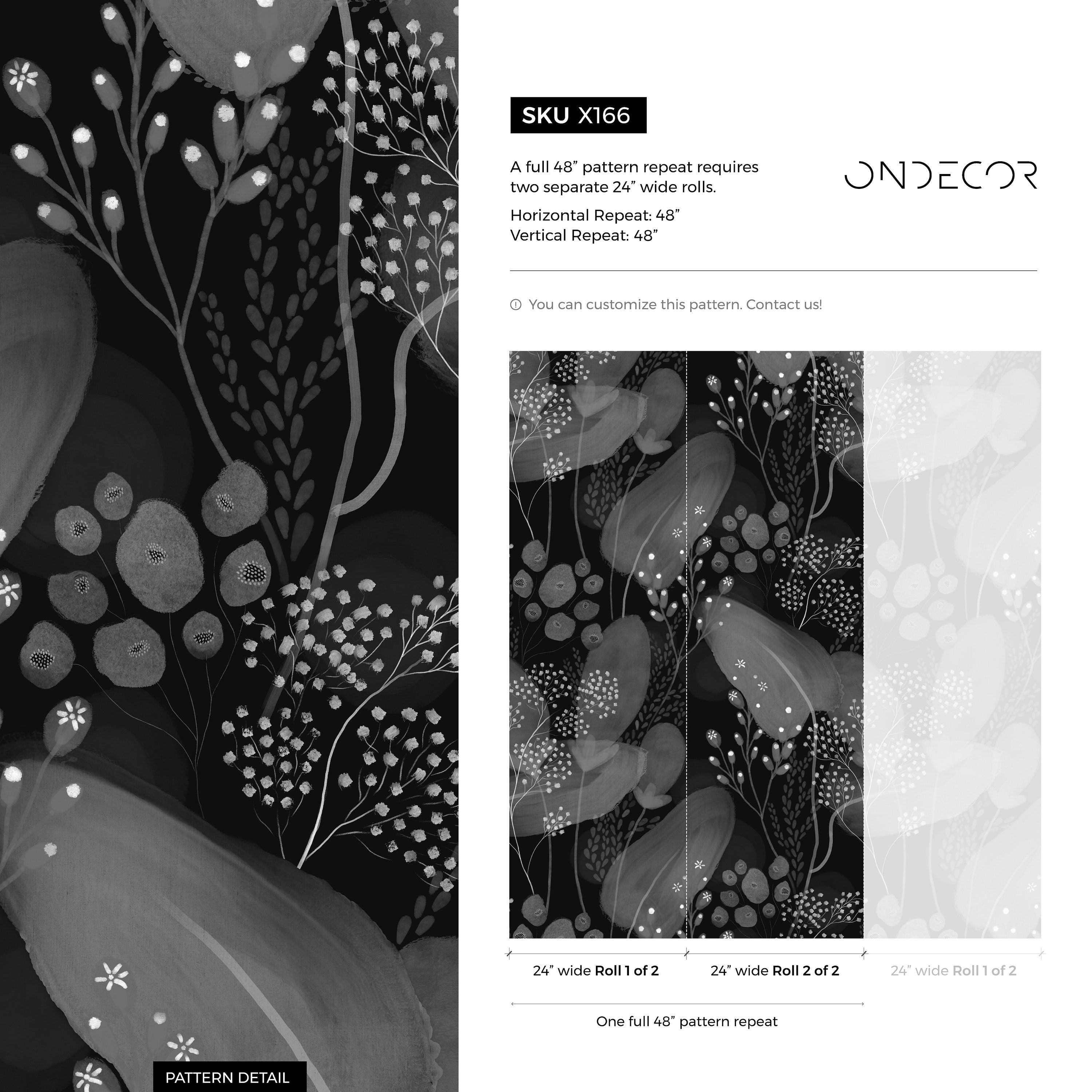 Floral Wallpaper Featuring Abstract Botanicals In Black, Gray, And White - X166