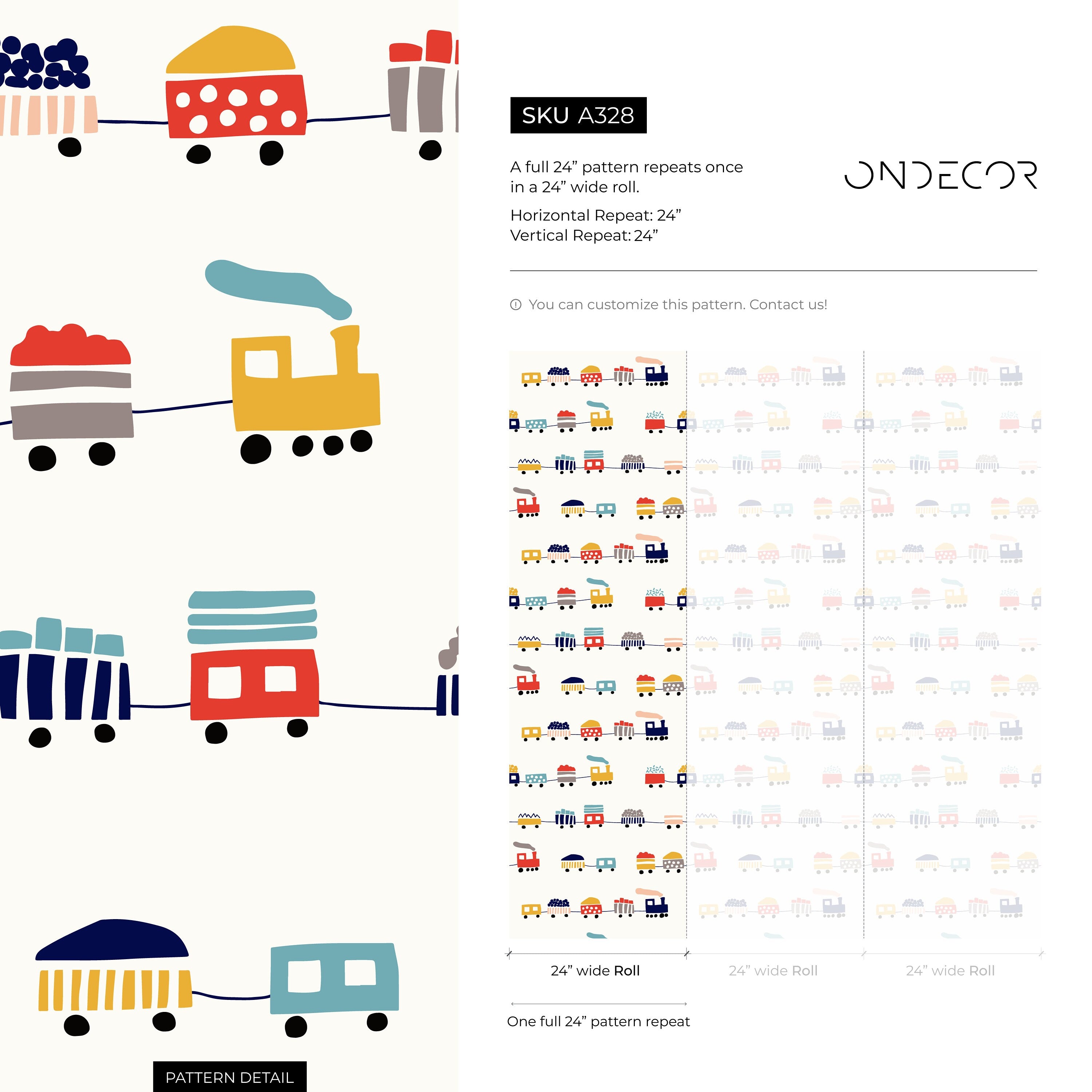 Kids Wallpaper With A Minimalist Toy Train Motif In Red, Yellow, And Blue - A328