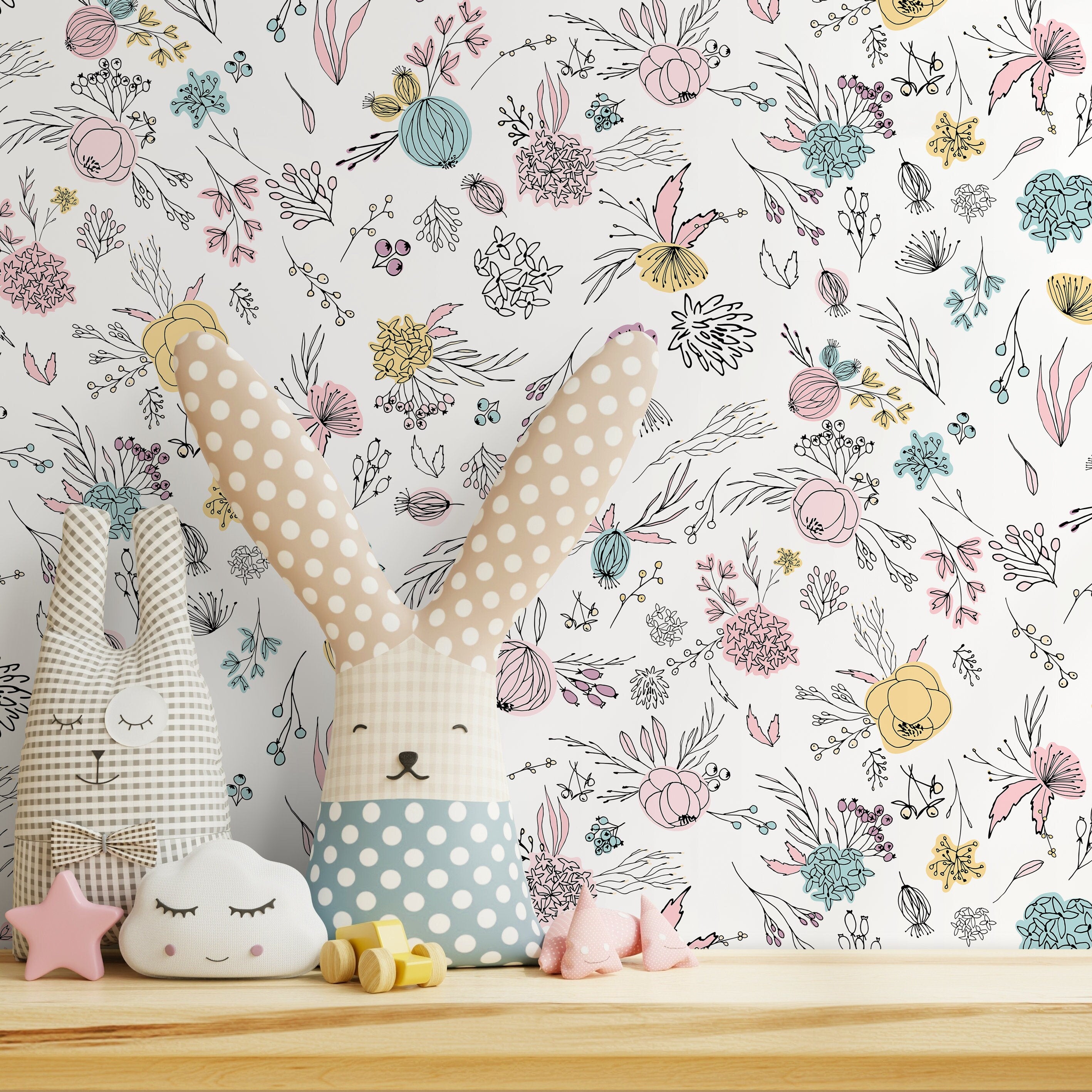 Floral Wallpaper With Hand-drawn Blooms In Pink, Blue, And Yellow - A890