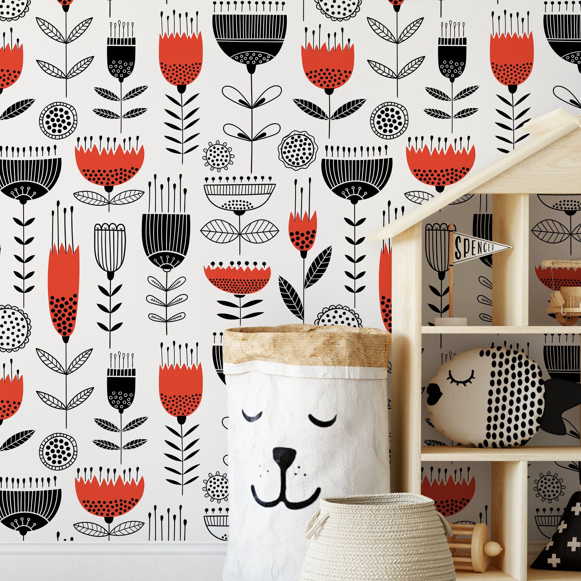 Scandinavian Wallpaper With A Folk Art Floral Motif In Red And Black - A977