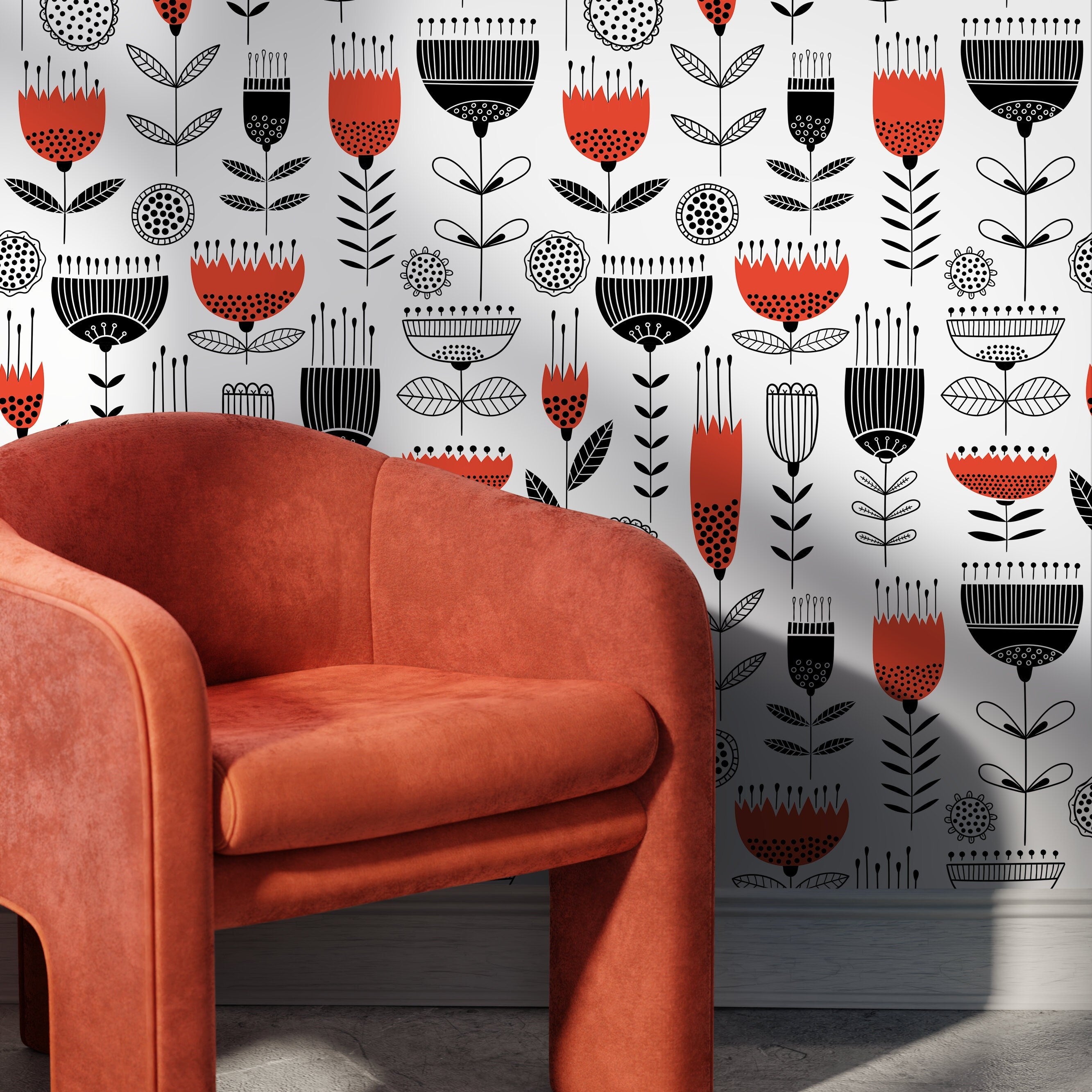 Scandinavian Wallpaper With A Folk Art Floral Motif In Red And Black - A977