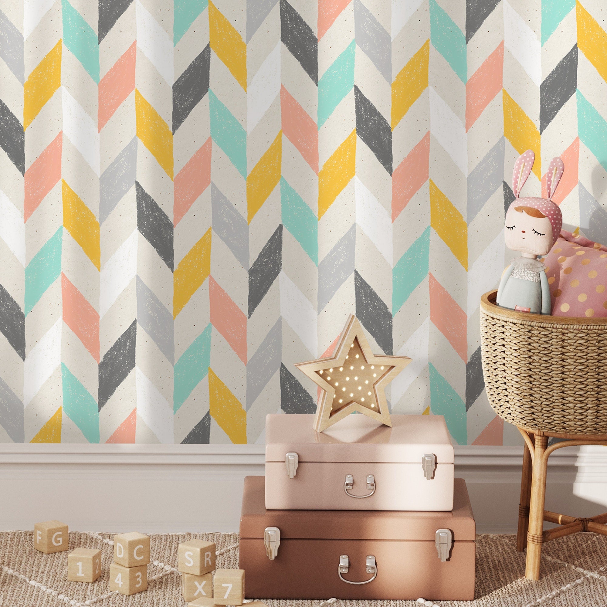 Chevron Wallpaper With A Hand-drawn Motif In Yellow, Pink, And Teal - A300