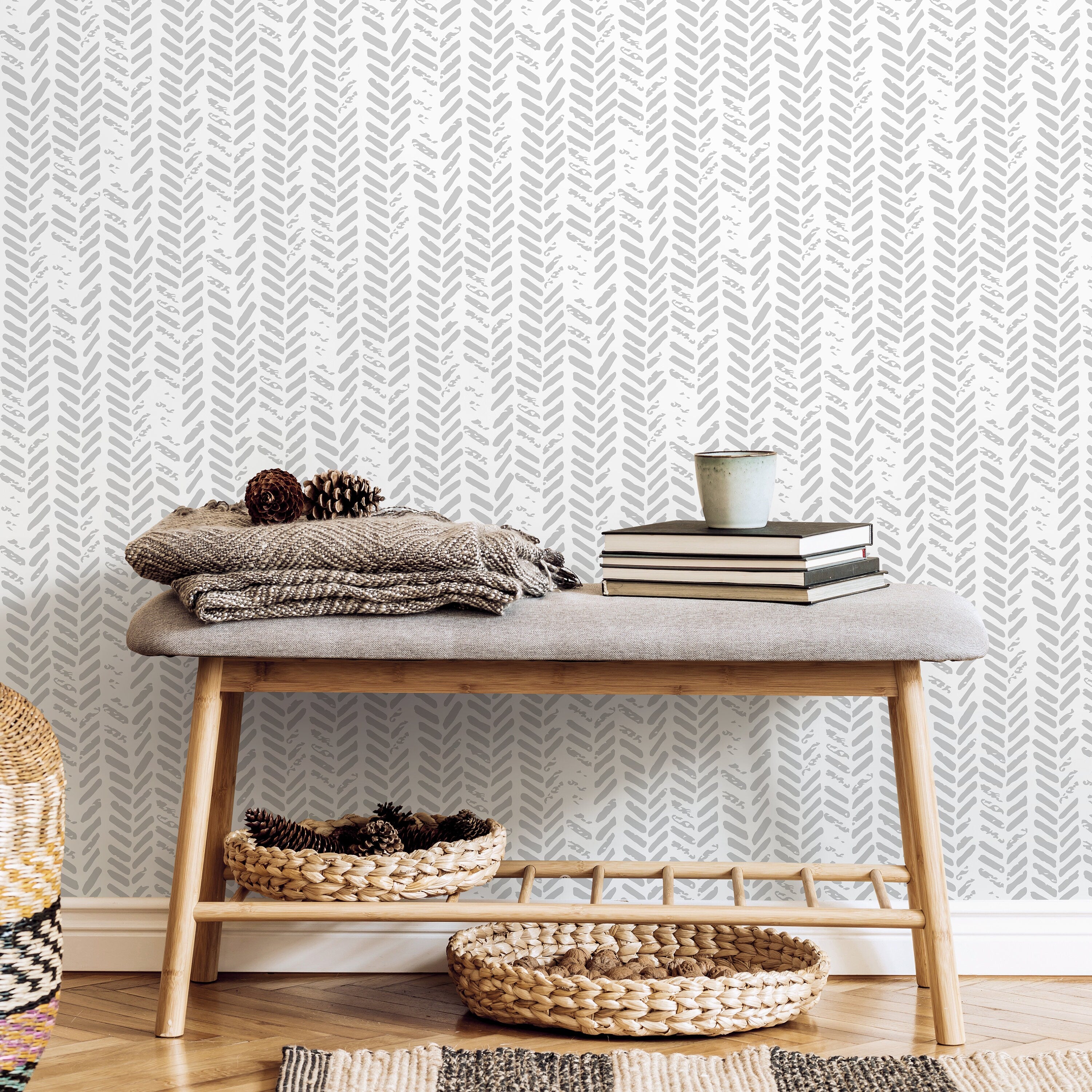 Herringbone Wallpaper With A Grunge Texture In Gray - D953