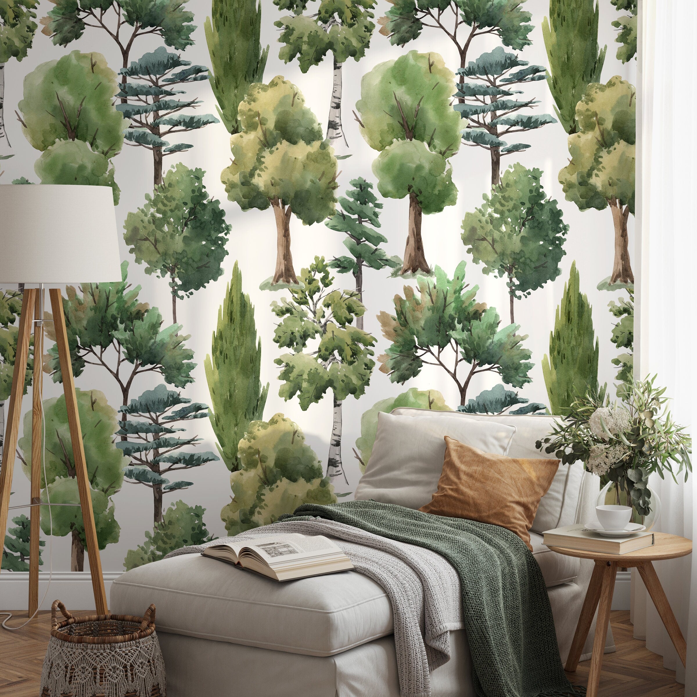 Forest Wallpaper Featuring A Watercolor Woodland In Green And Brown - A687