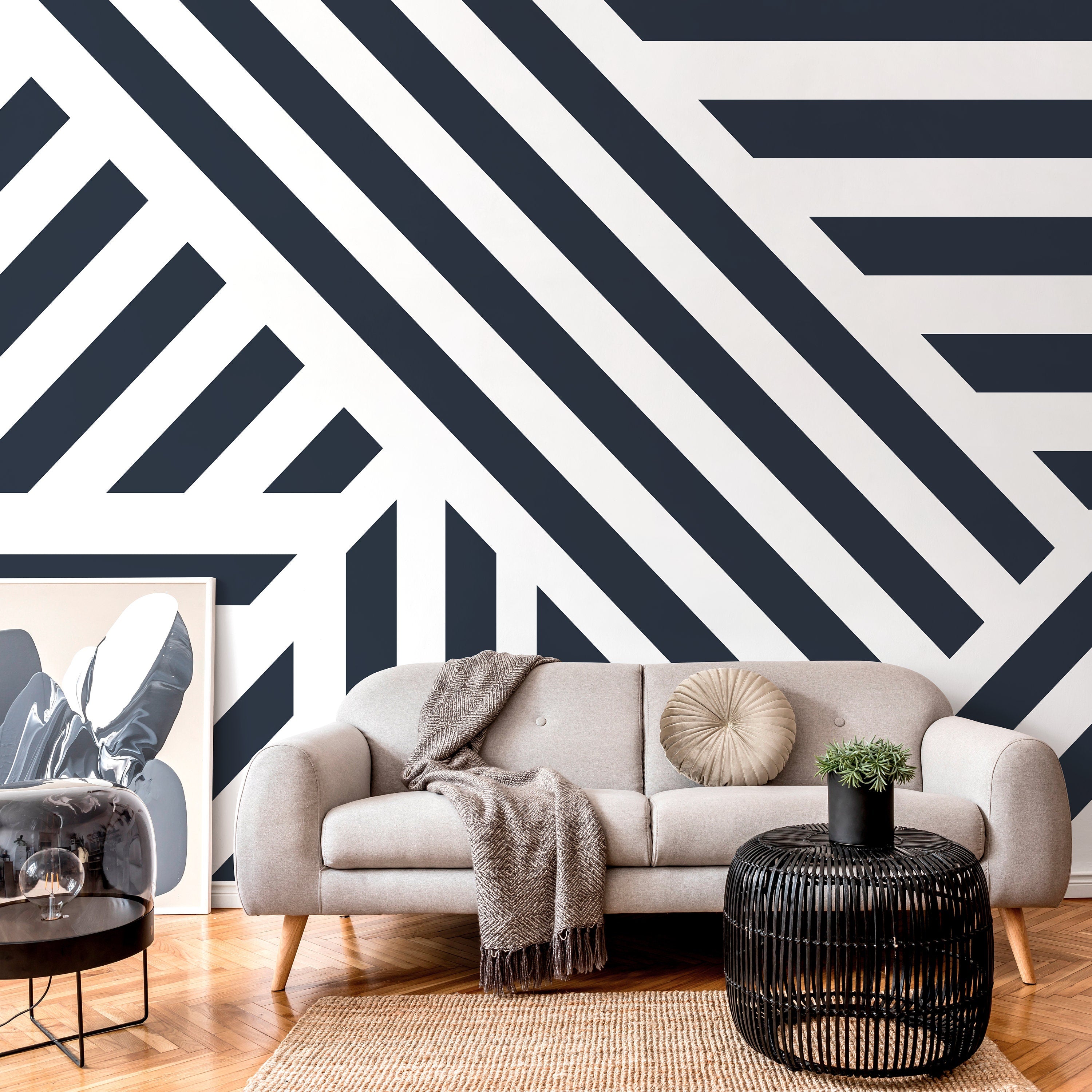 Geometric Wallpaper With Bold Intersecting Stripes In Navy Blue - D731