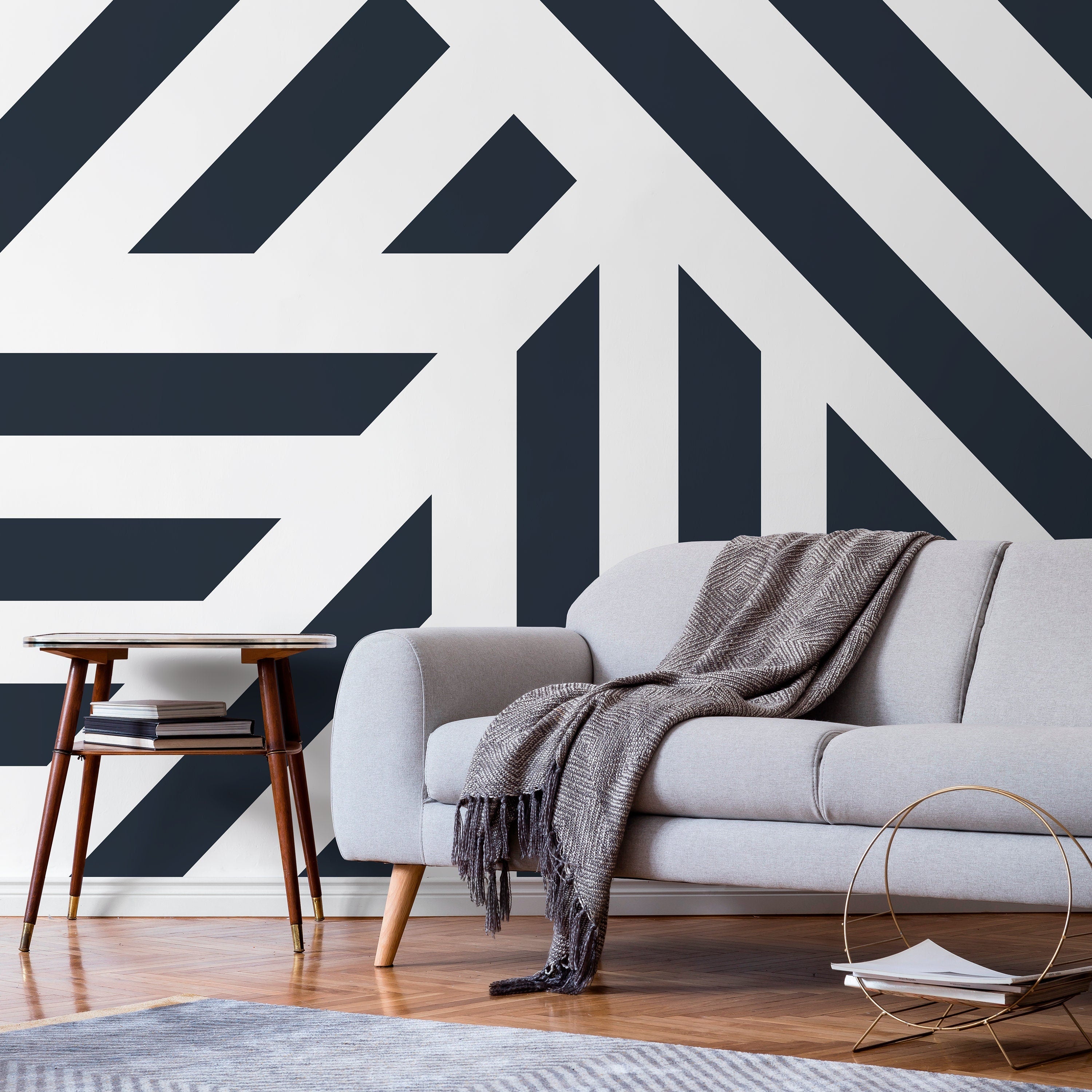 Geometric Wallpaper With Bold Intersecting Stripes In Navy Blue - D731