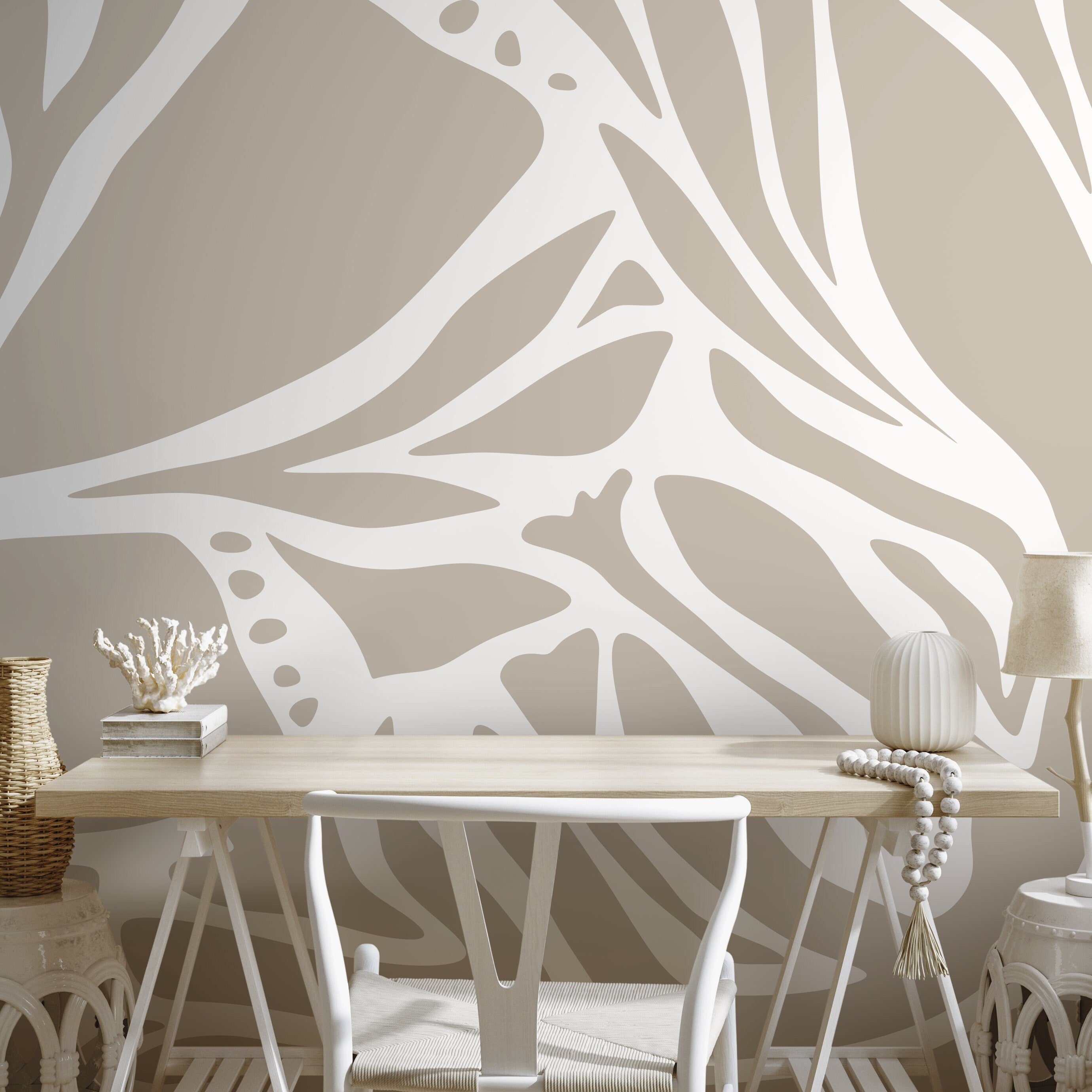 Abstract Wallpaper With Large Organic Shapes In Beige And Cream - D639