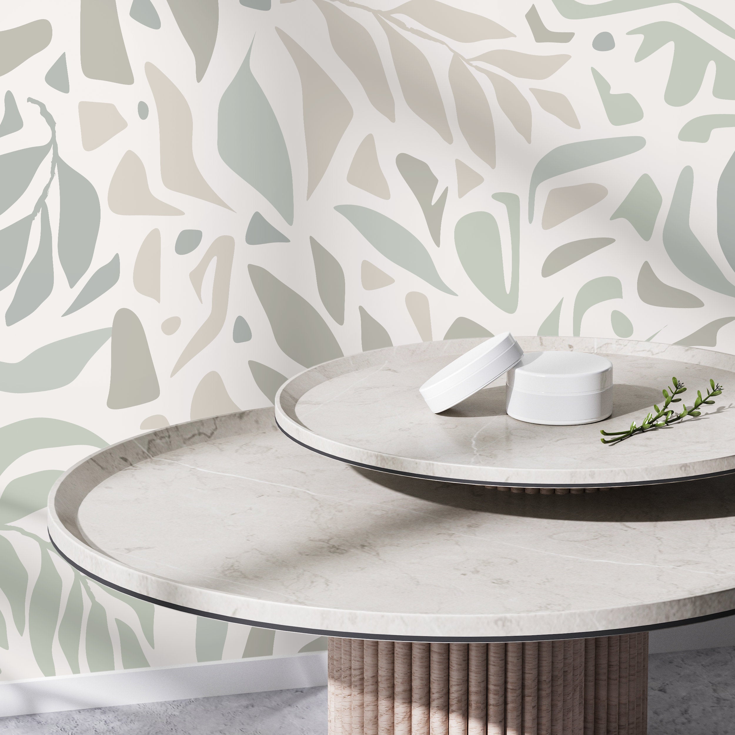 Abstract Wallpaper With A Minimalist Leaf Motif In Sage, Beige, And Gray - D724