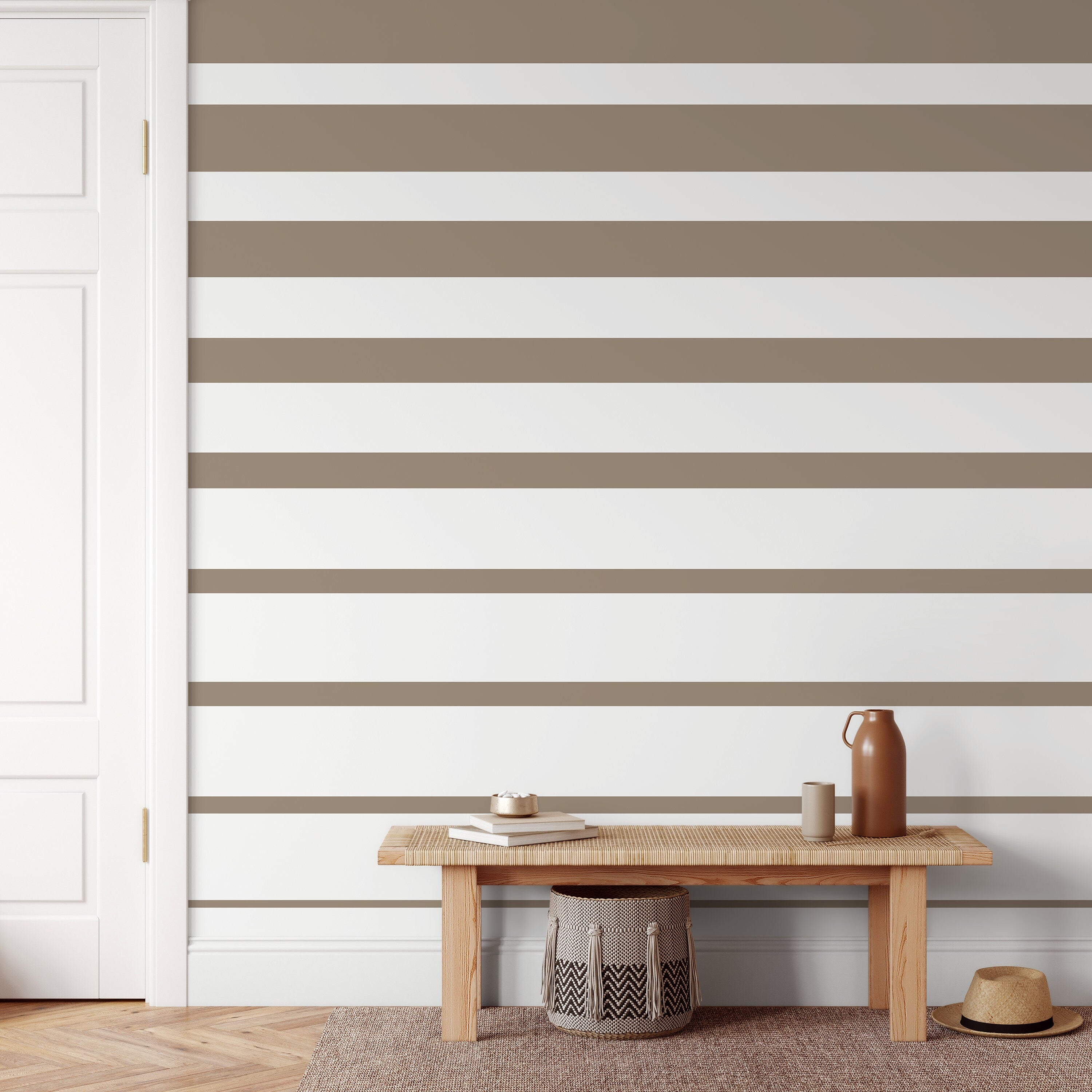 Striped Wallpaper With Bold Horizontal Stripes In Beige And White - D727