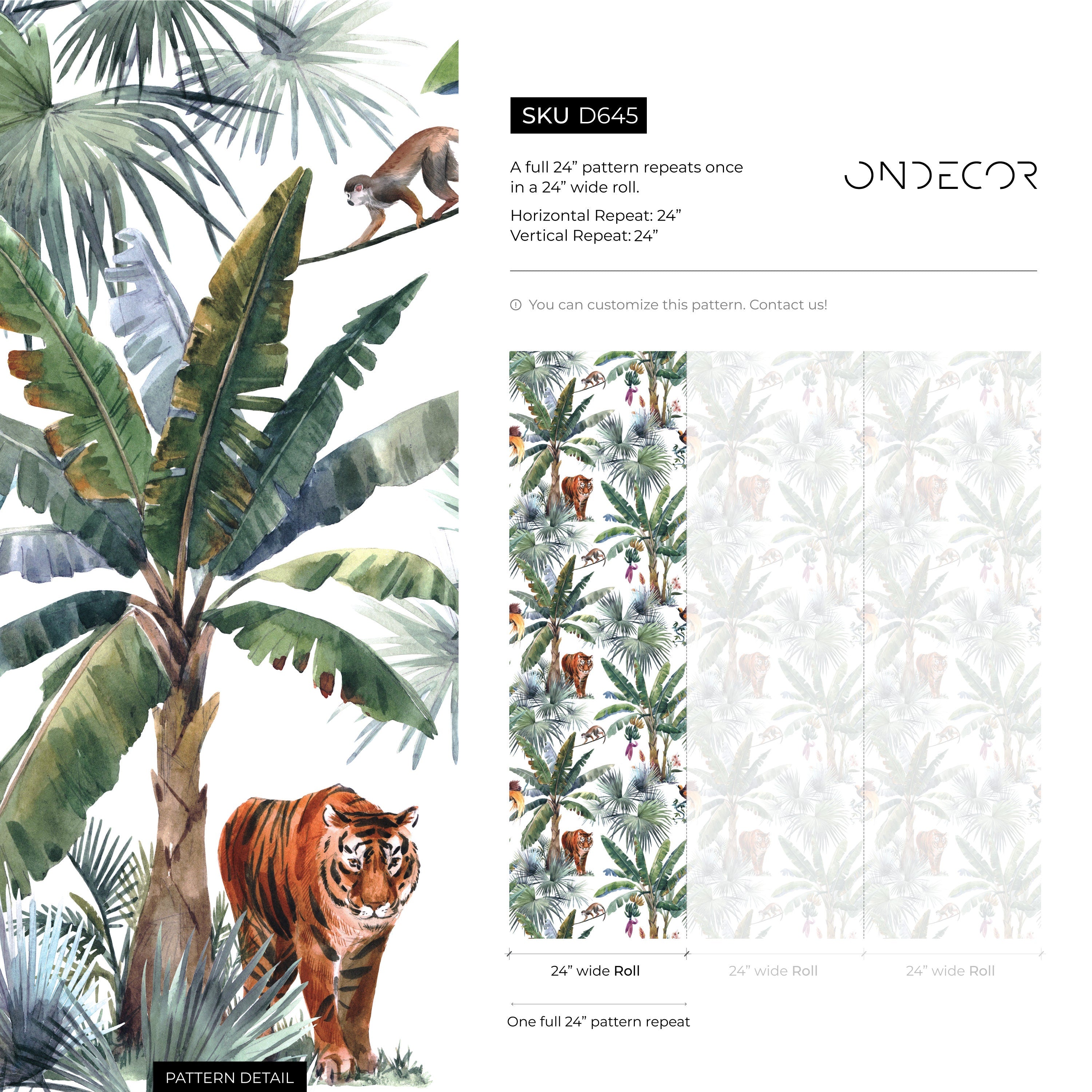 Botanical Wallpaper With A Tropical Jungle Scene In Green And Orange - D645
