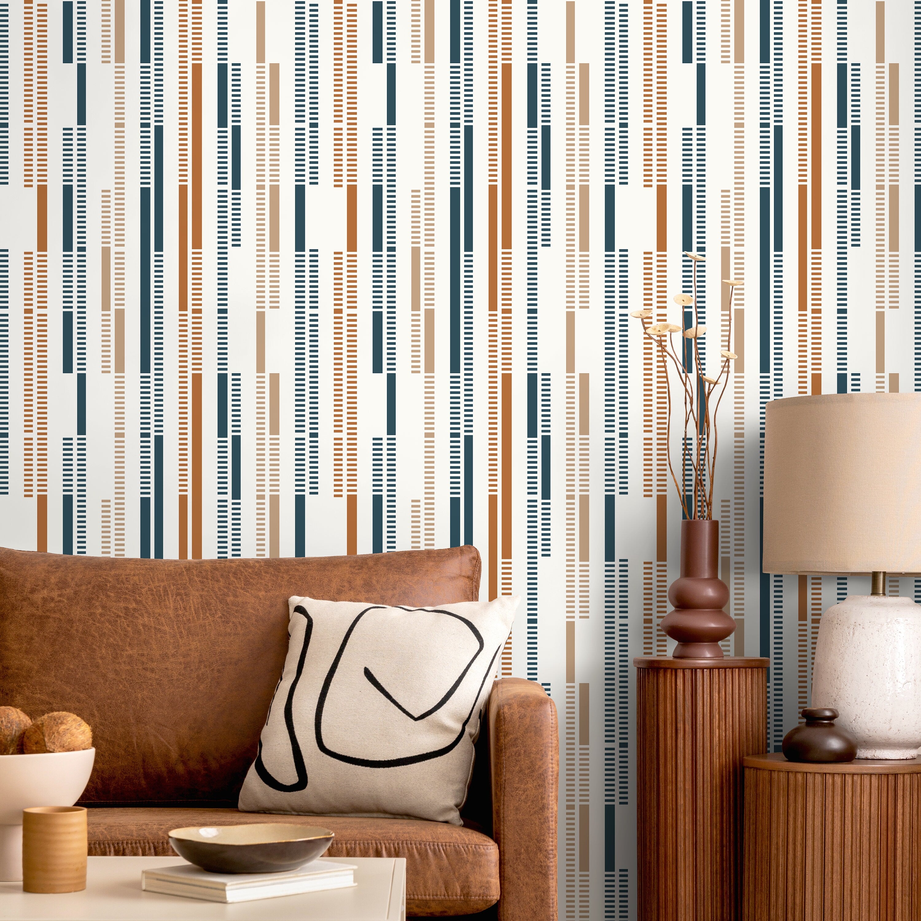 Geometric Wallpaper With Rhythmic Lines In Navy Blue, Terracotta, And Beige - D743