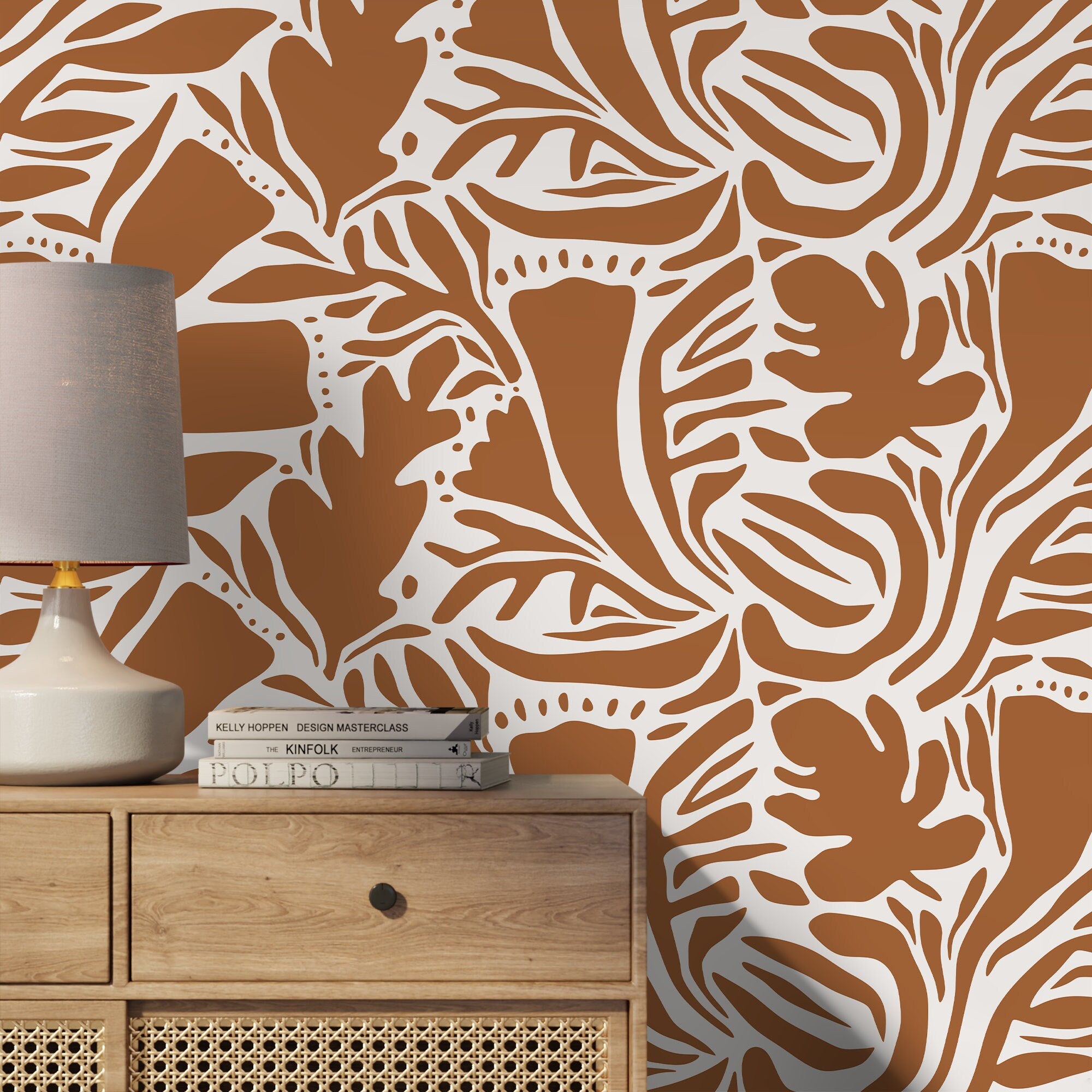 Abstract Wallpaper With A Bold Botanical Motif In Orange And White - D641