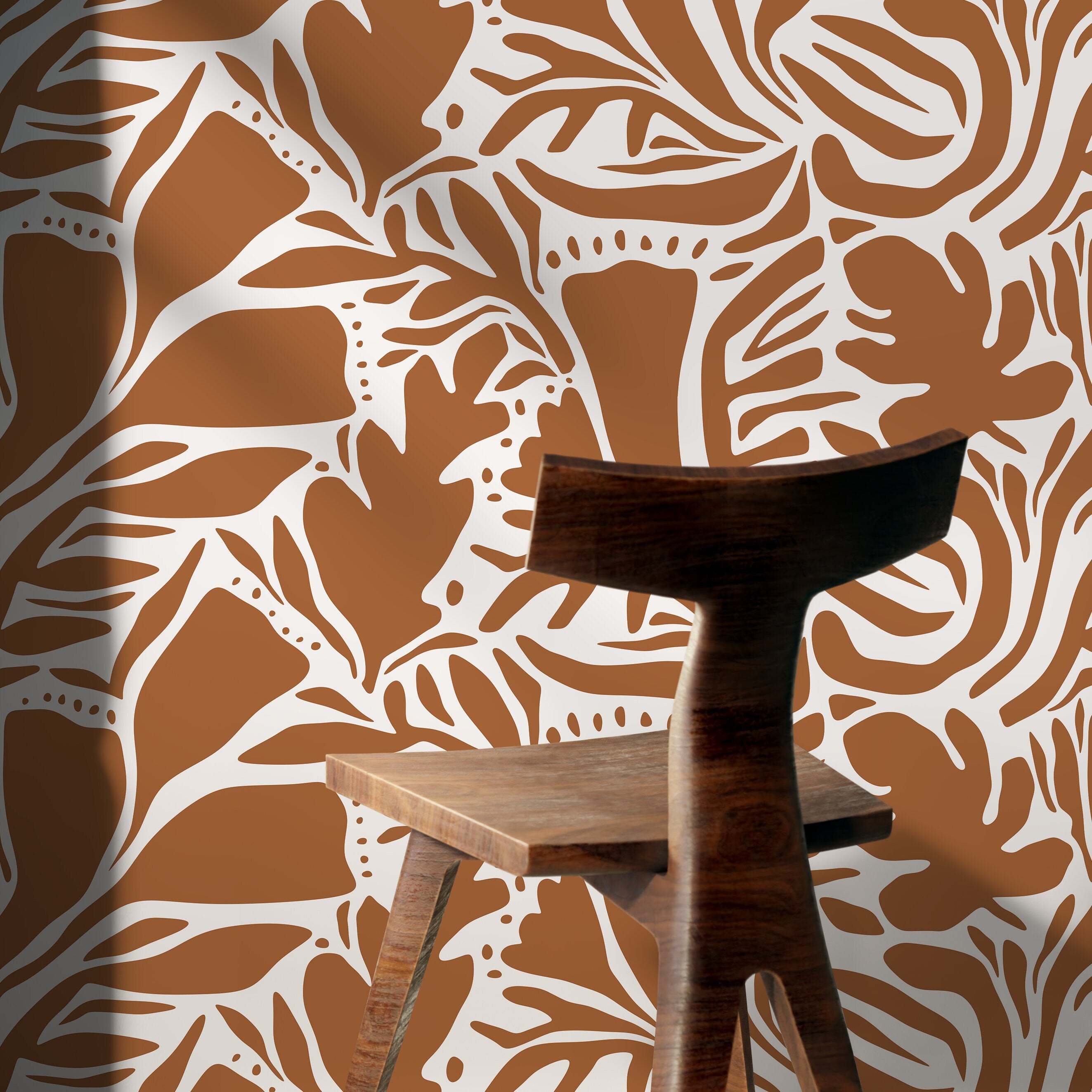 Abstract Wallpaper With A Bold Botanical Motif In Orange And White - D641