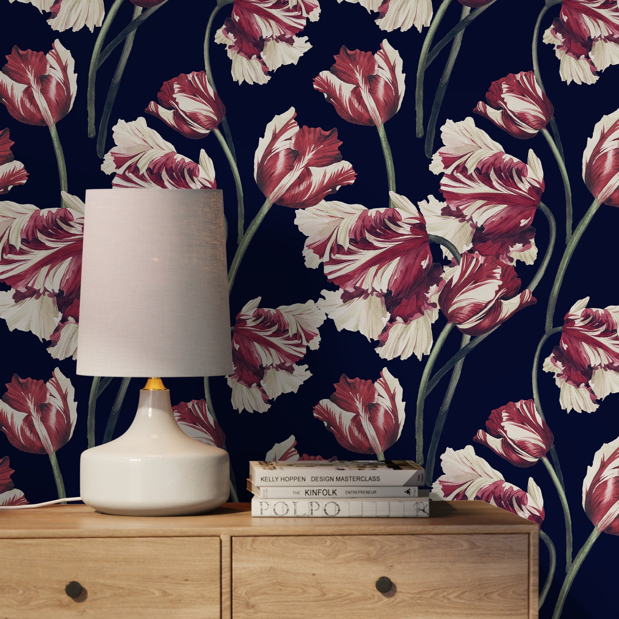 Floral Wallpaper Featuring Vintage Tulips In Red, Cream, And Navy Blue - D647