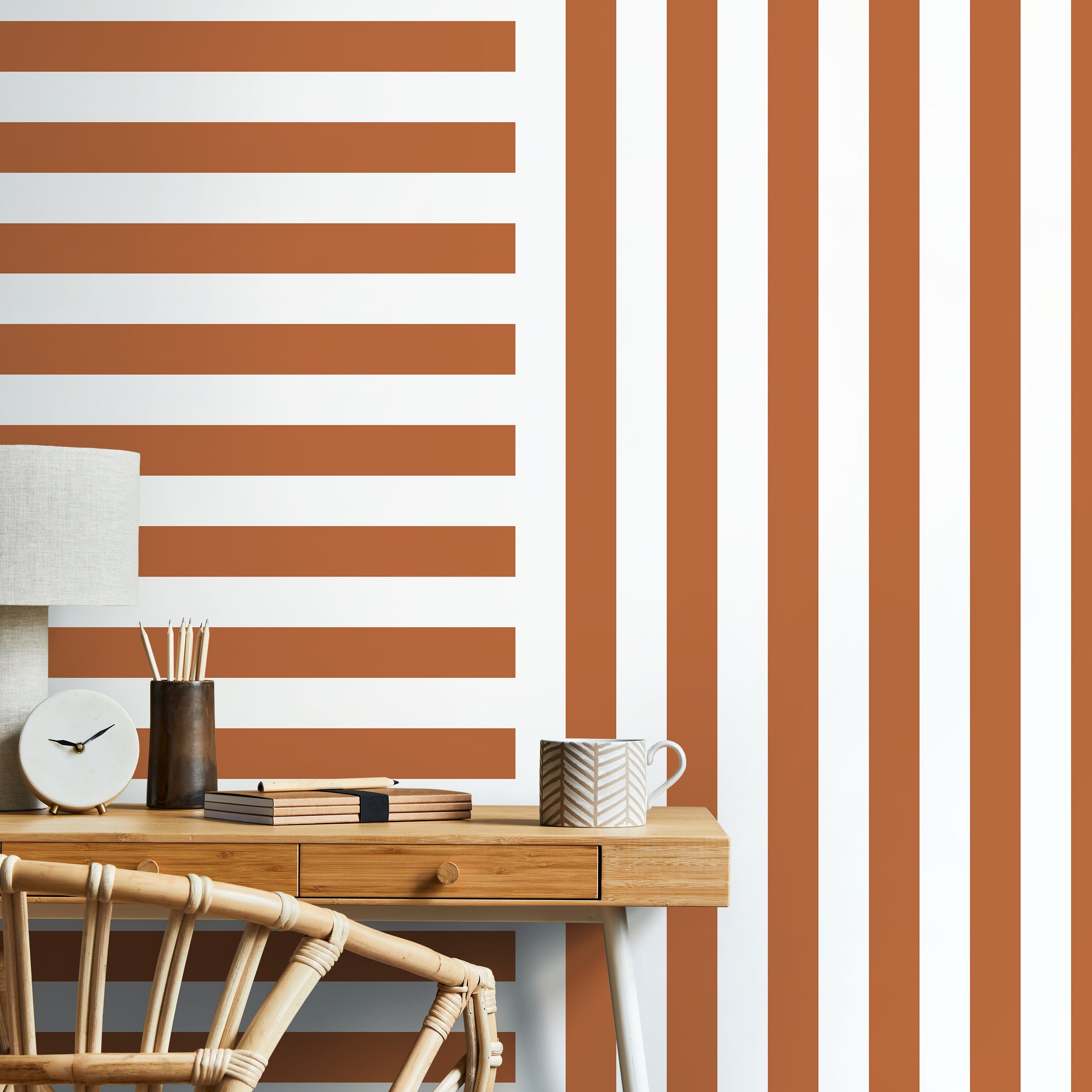 Geometric Wallpaper With Bold Alternating Stripes In Terracotta And White - D739