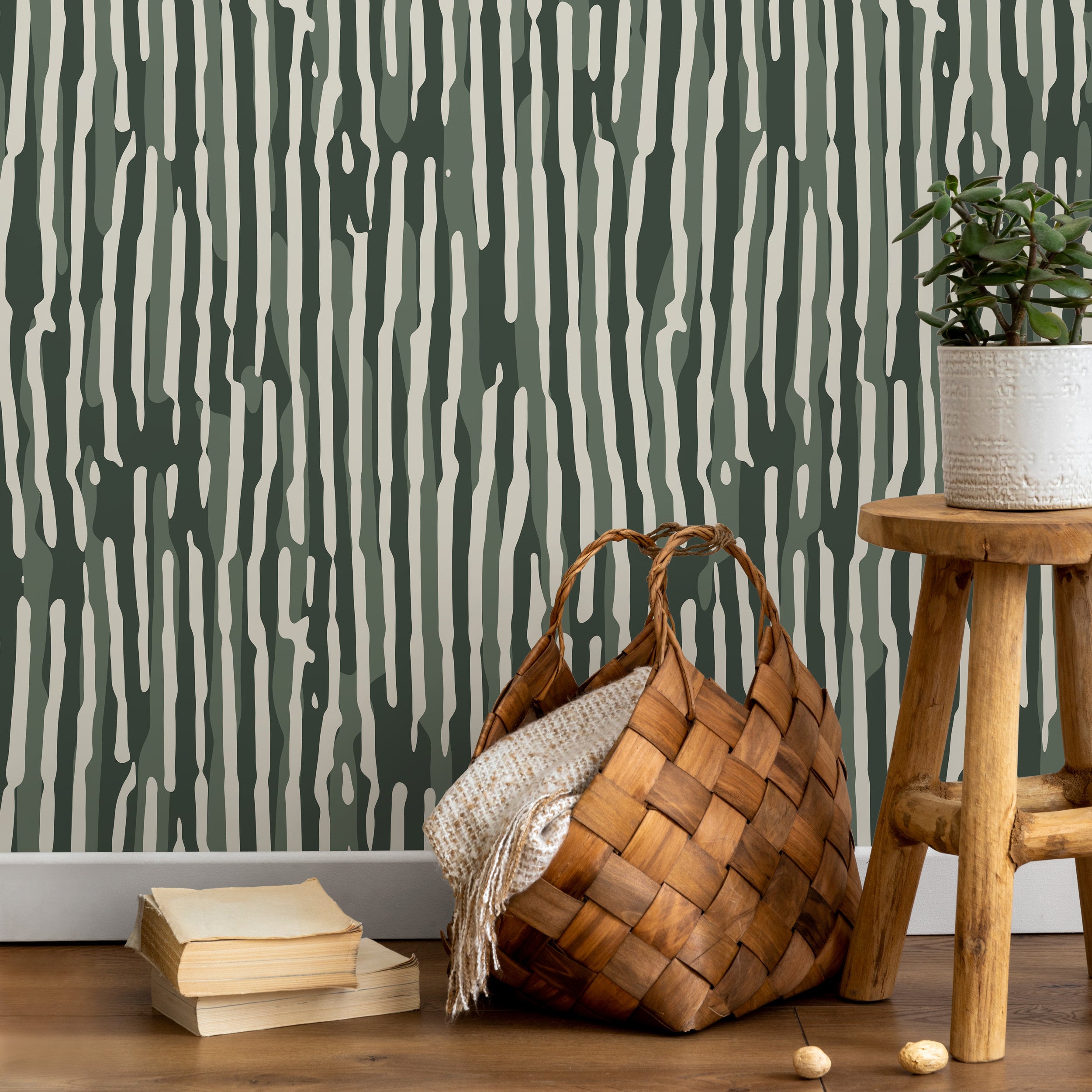 Abstract Wallpaper With Wavy Stripes In Dark Green, Sage, And Off-white - D746