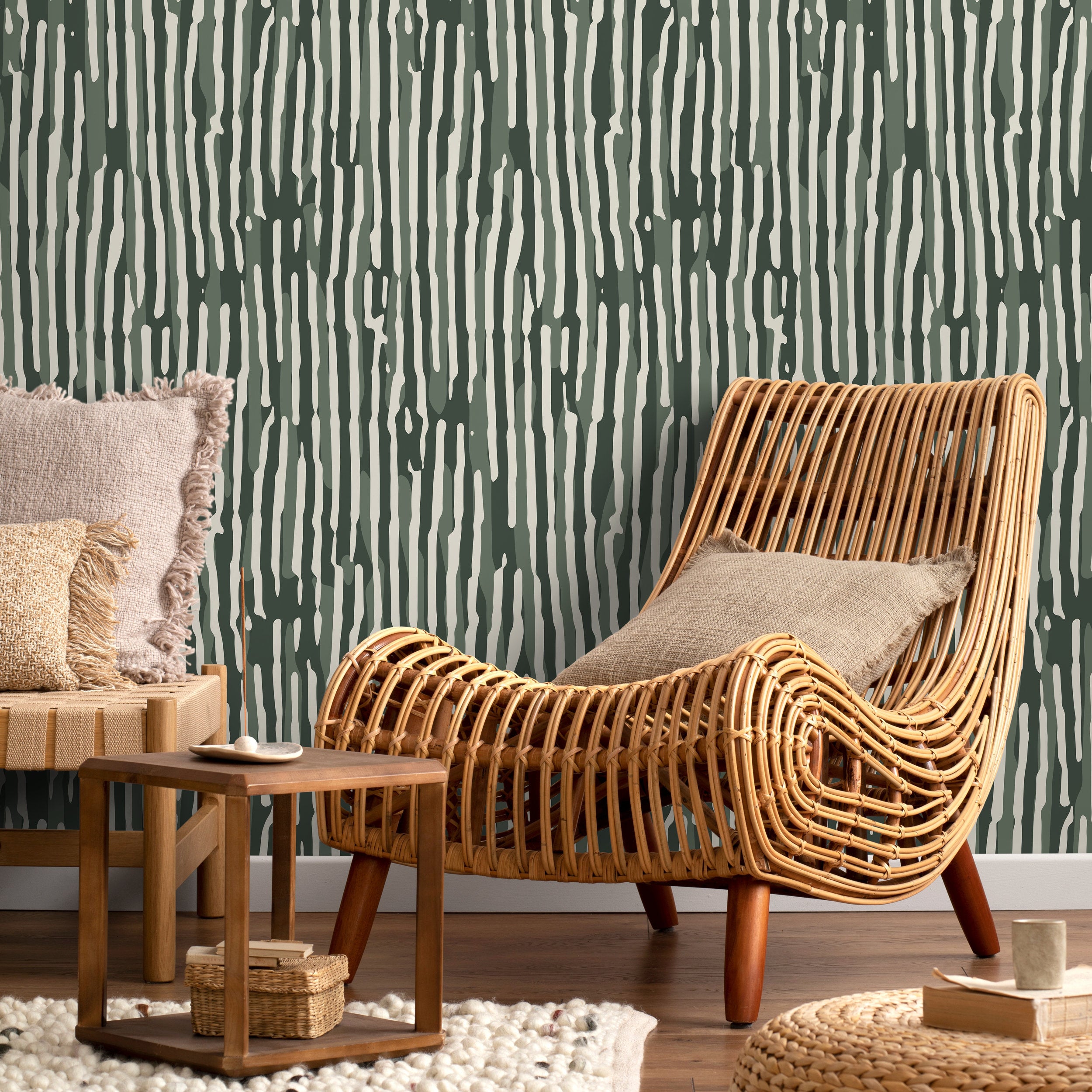 Abstract Wallpaper With Wavy Stripes In Dark Green, Sage, And Off-white - D746