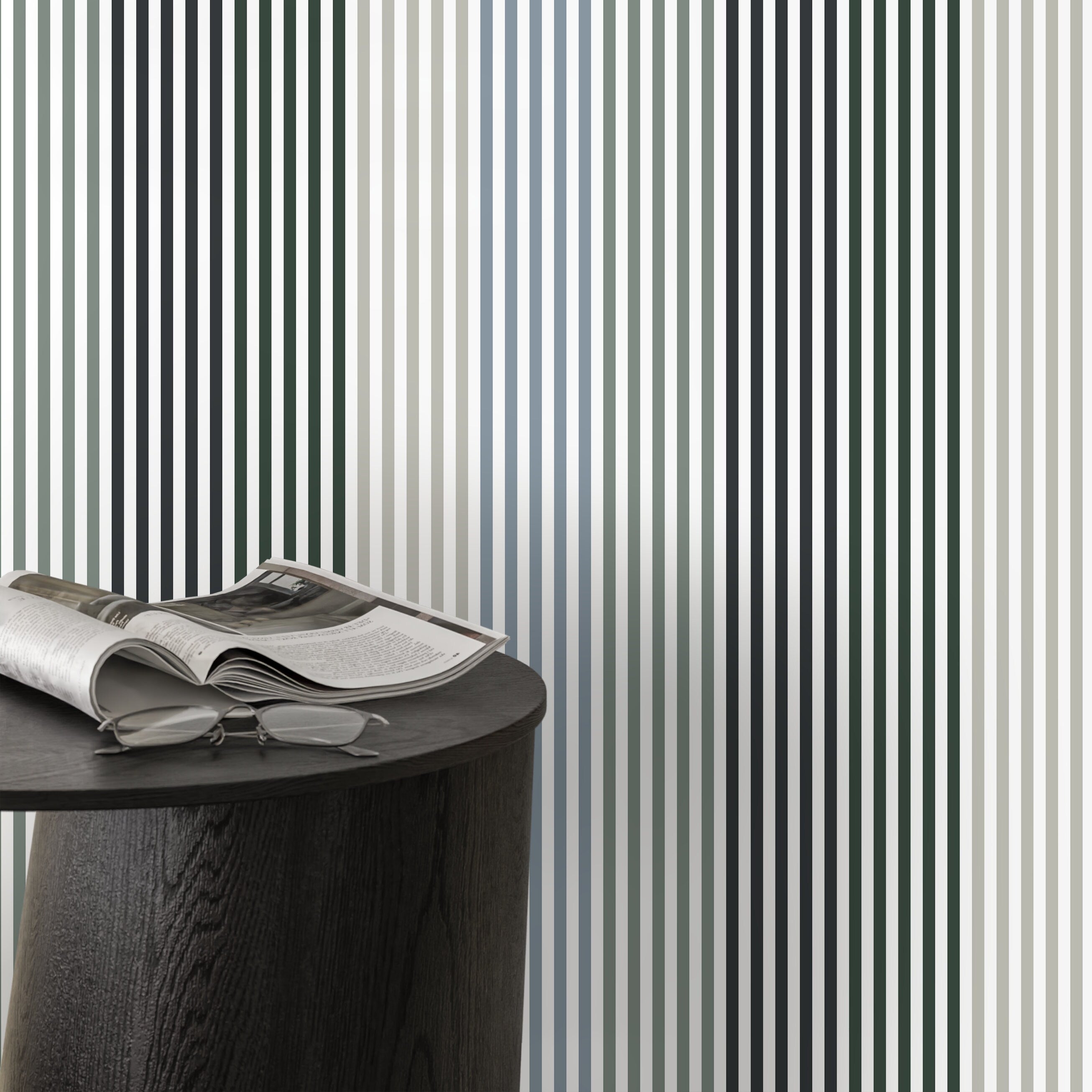 Striped Wallpaper With A Modern Geometric Motif In Green, Blue, And Grey - D756