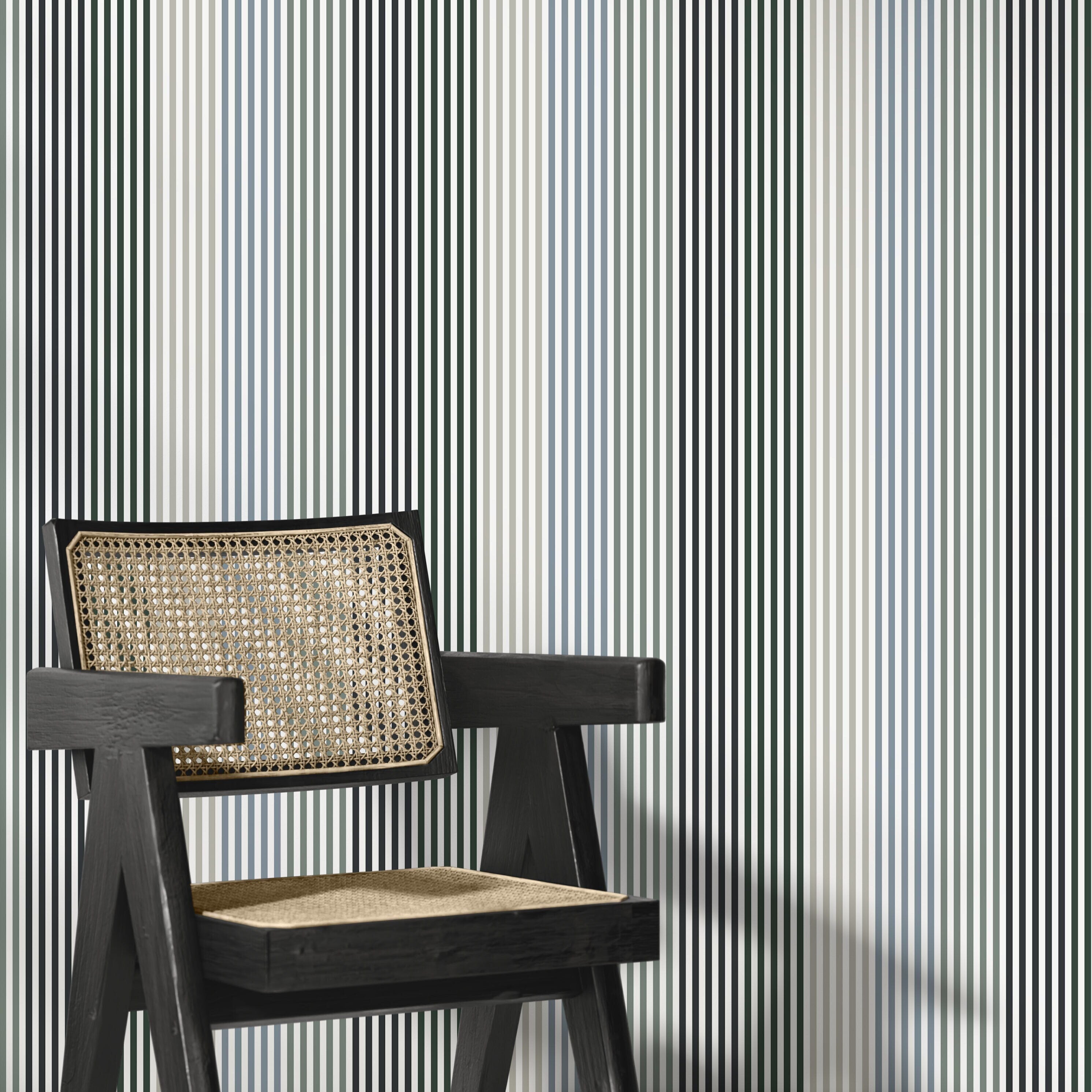 Striped Wallpaper With A Modern Geometric Motif In Green, Blue, And Grey - D756